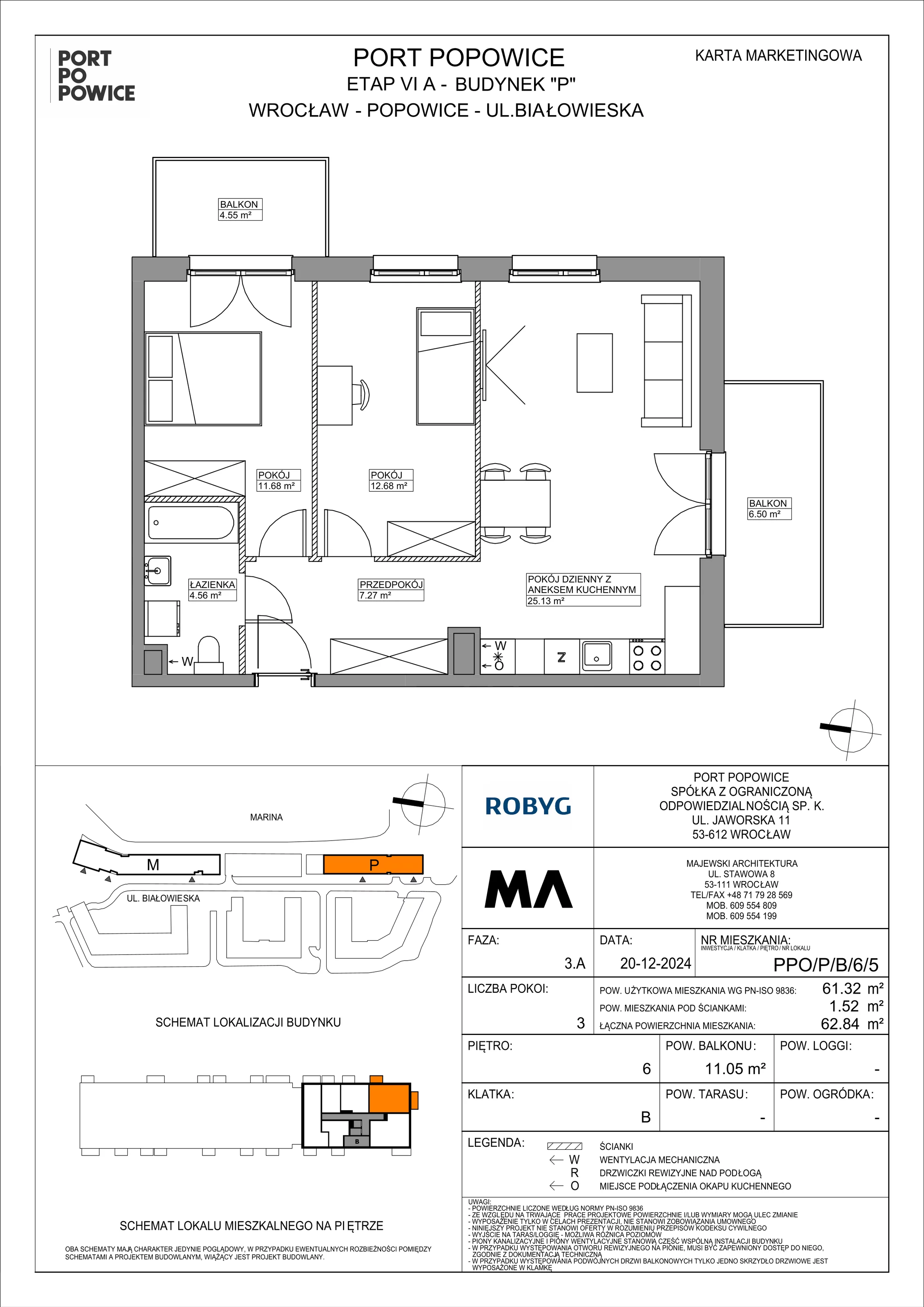 3 pokoje, mieszkanie 61,32 m², piętro 6, oferta nr PPO/P/B/6/5, Port Popowice IVa, Wrocław, Pilczyce-Kozanów-Popowice Północne, Popowice, ul. Białowieska