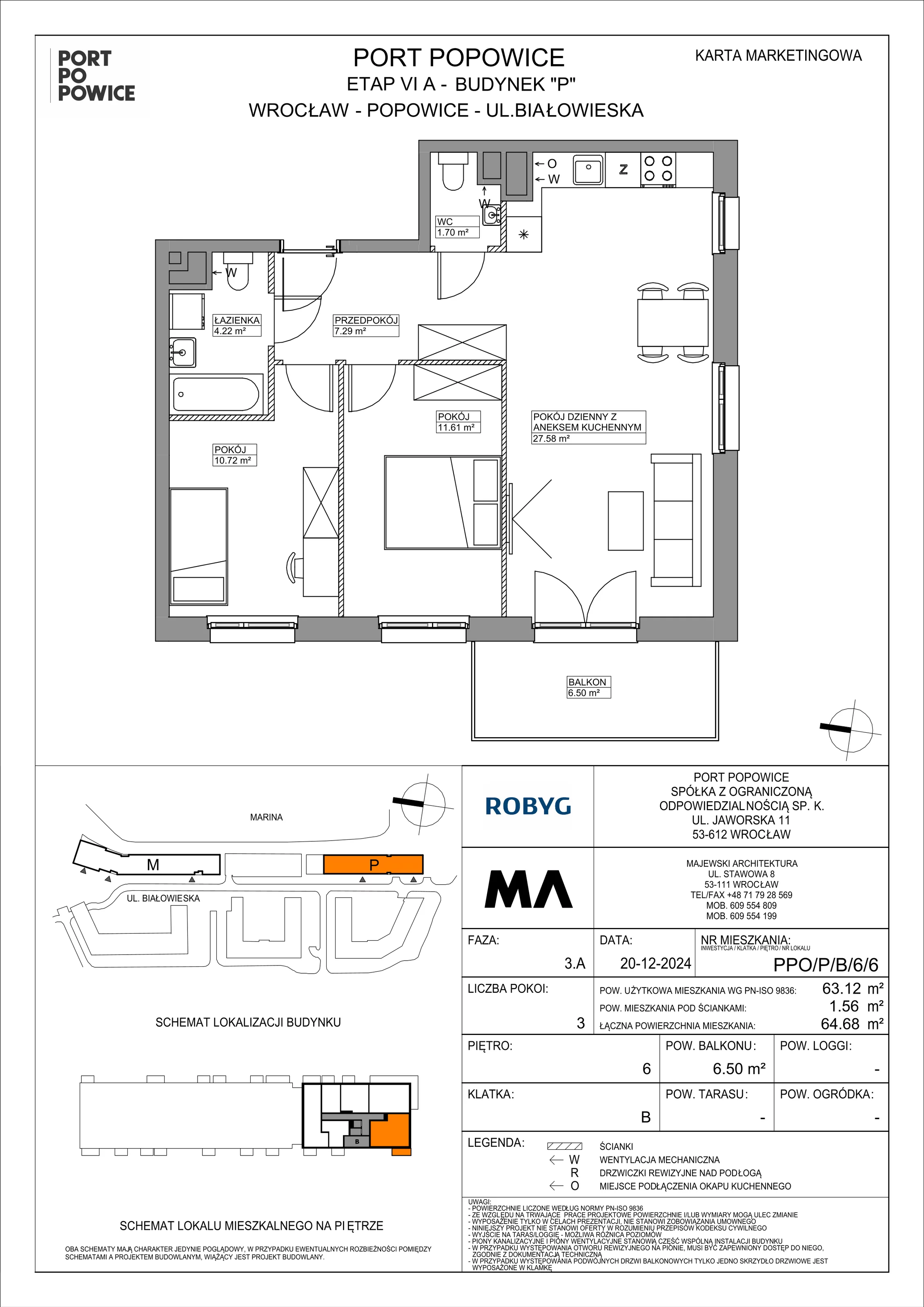 3 pokoje, mieszkanie 63,12 m², piętro 6, oferta nr PPO/P/B/6/6, Port Popowice IVa, Wrocław, Pilczyce-Kozanów-Popowice Północne, Popowice, ul. Białowieska