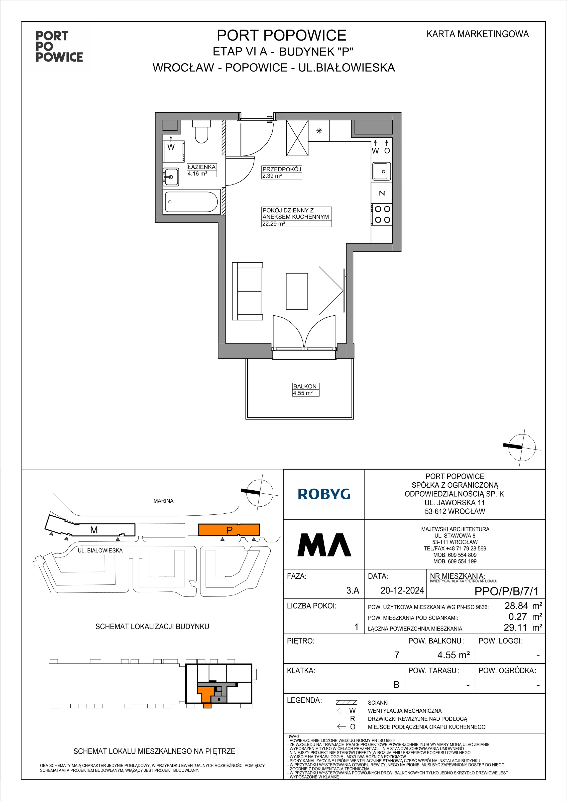 1 pokój, mieszkanie 28,84 m², piętro 7, oferta nr PPO/P/B/7/1, Port Popowice IVa, Wrocław, Pilczyce-Kozanów-Popowice Północne, Popowice, ul. Białowieska