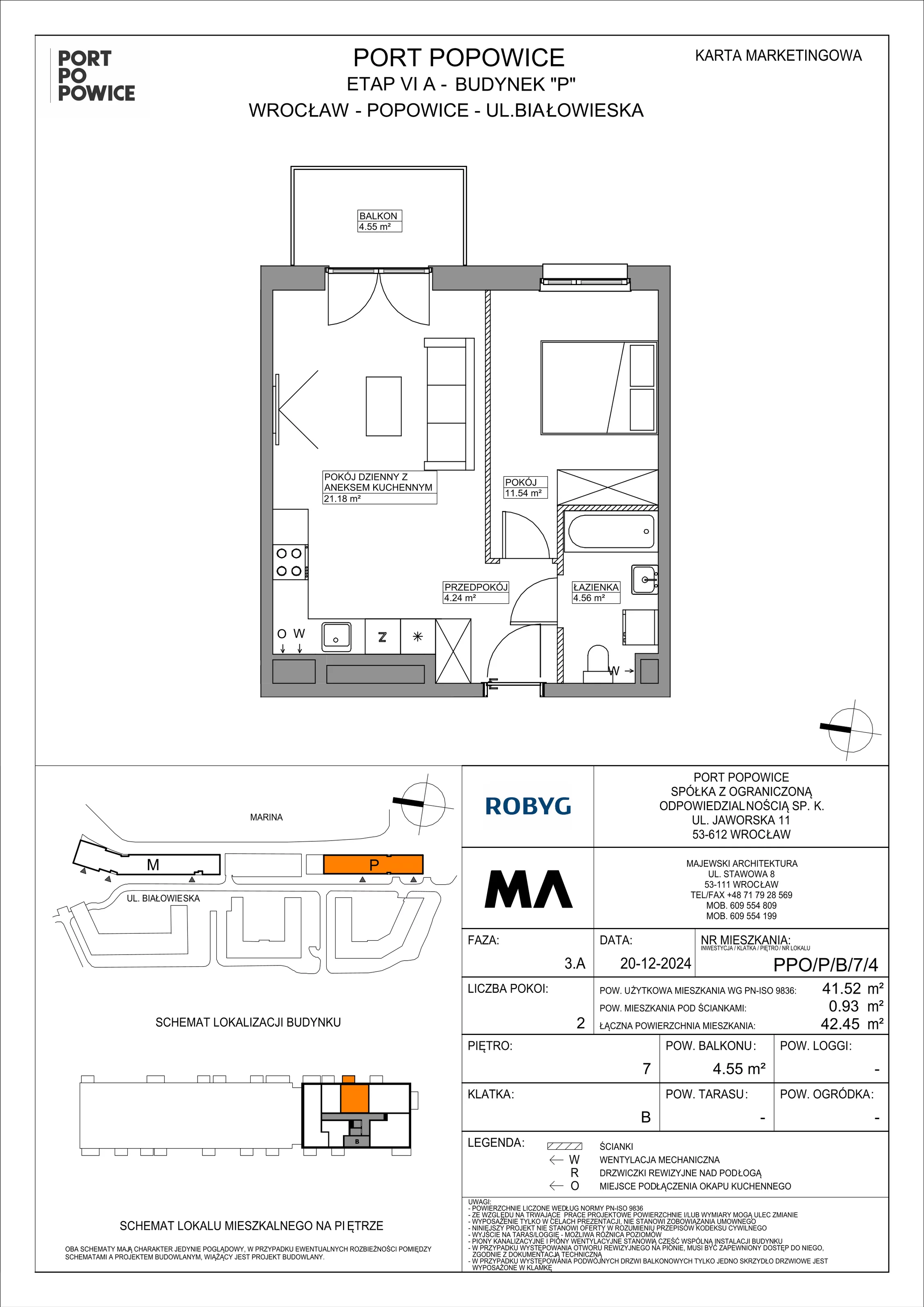 2 pokoje, mieszkanie 41,52 m², piętro 7, oferta nr PPO/P/B/7/4, Port Popowice IVa, Wrocław, Pilczyce-Kozanów-Popowice Północne, Popowice, ul. Białowieska