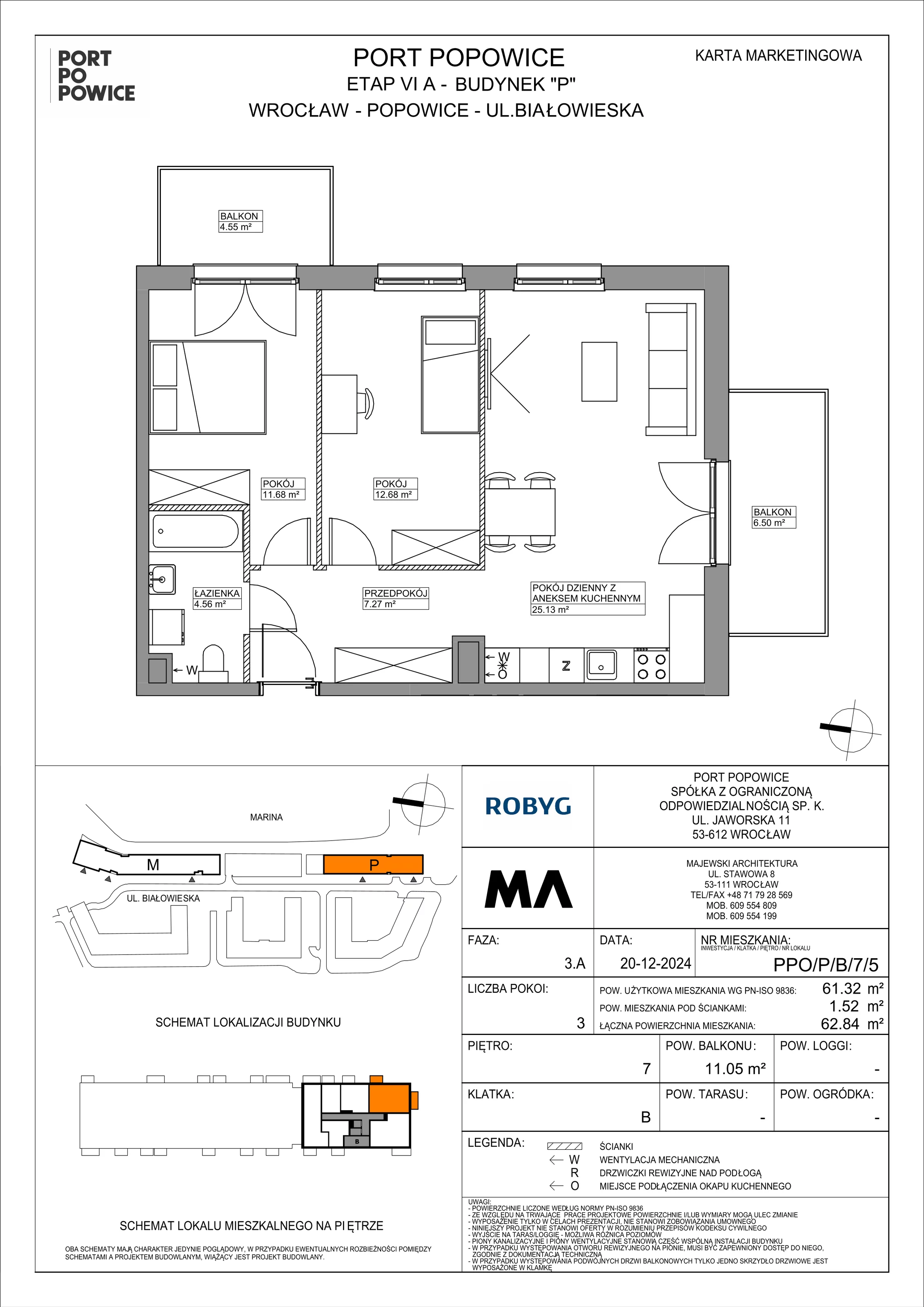 3 pokoje, mieszkanie 61,32 m², piętro 7, oferta nr PPO/P/B/7/5, Port Popowice IVa, Wrocław, Pilczyce-Kozanów-Popowice Północne, Popowice, ul. Białowieska