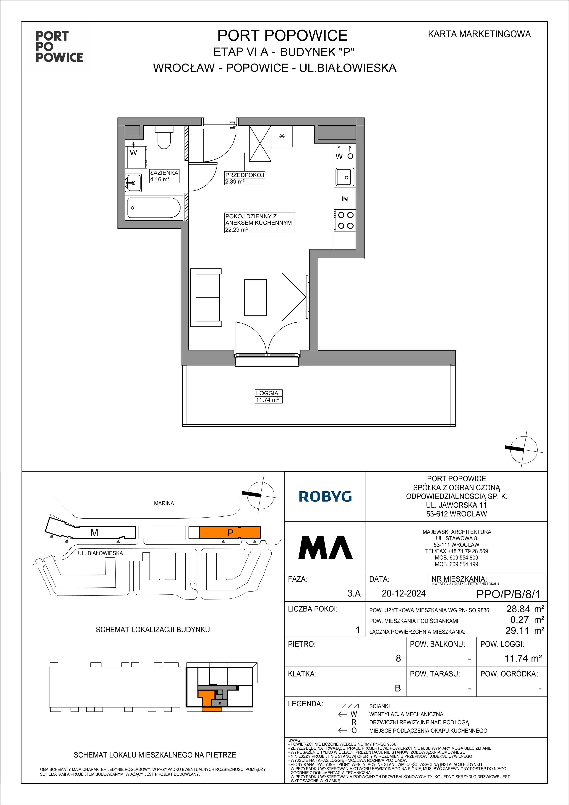 1 pokój, mieszkanie 28,84 m², piętro 8, oferta nr PPO/P/B/8/1, Port Popowice IVa, Wrocław, Pilczyce-Kozanów-Popowice Północne, Popowice, ul. Białowieska