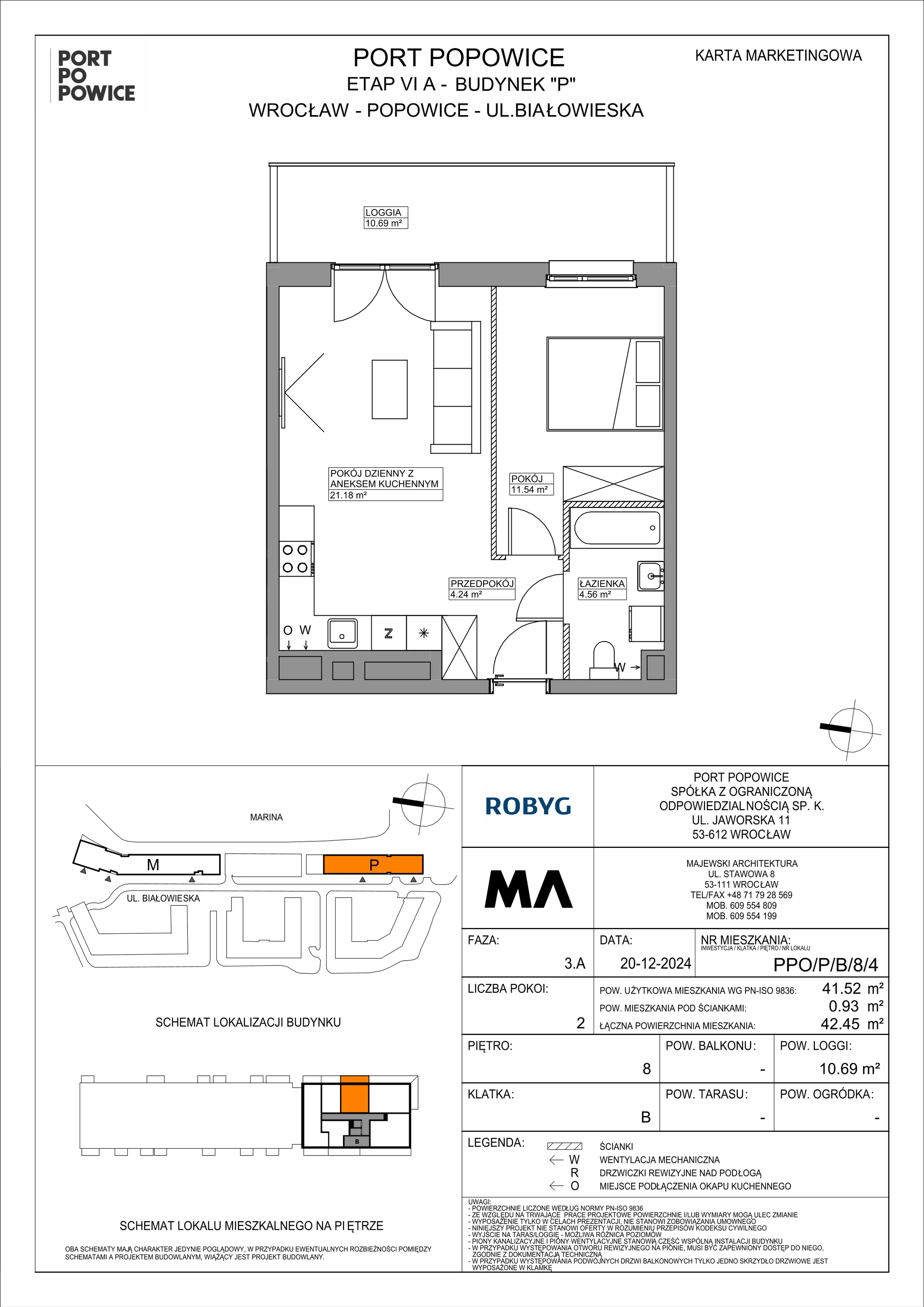 2 pokoje, mieszkanie 41,52 m², piętro 8, oferta nr PPO/P/B/8/4, Port Popowice IVa, Wrocław, Pilczyce-Kozanów-Popowice Północne, Popowice, ul. Białowieska