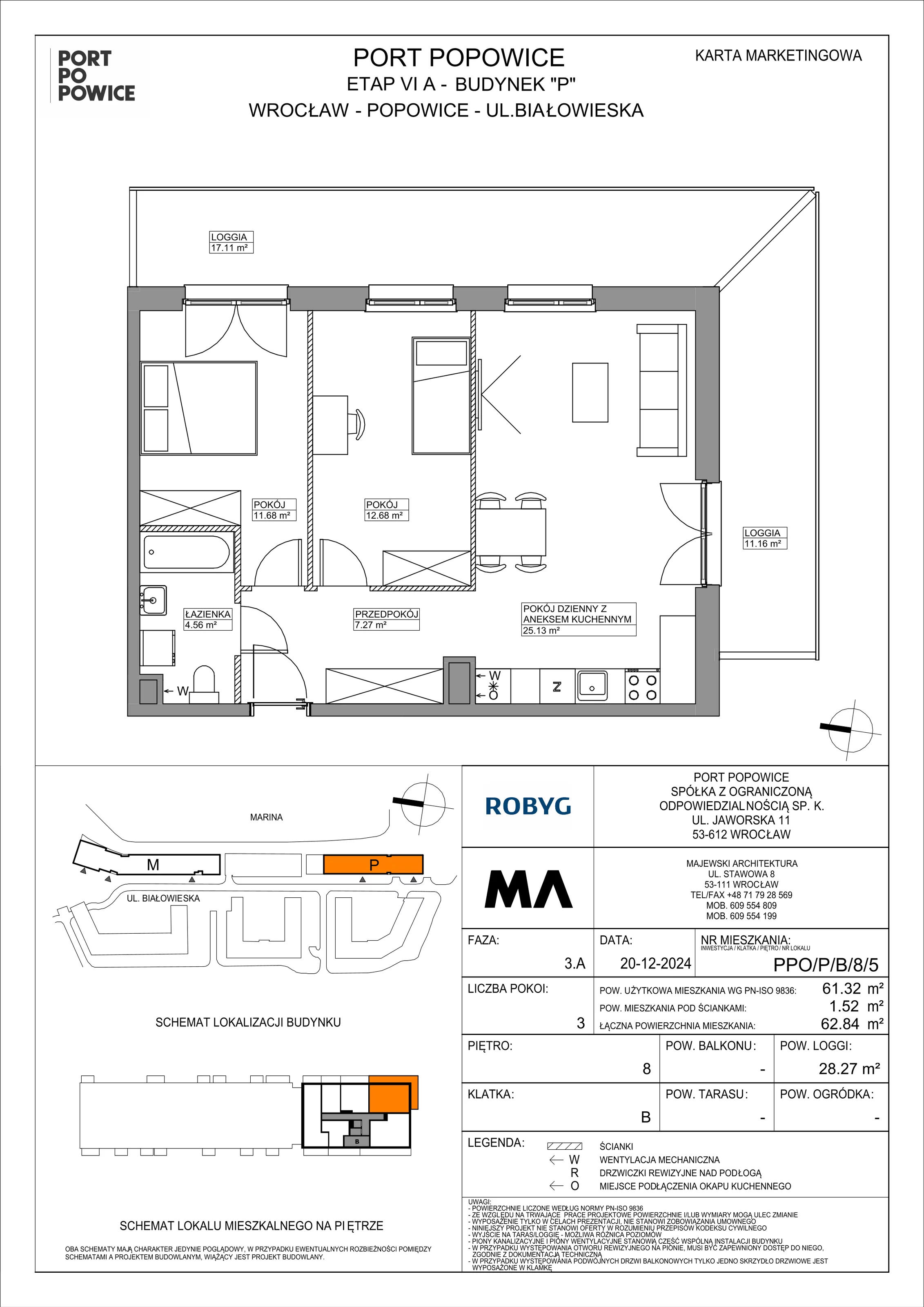 3 pokoje, mieszkanie 61,32 m², piętro 8, oferta nr PPO/P/B/8/5, Port Popowice IVa, Wrocław, Pilczyce-Kozanów-Popowice Północne, Popowice, ul. Białowieska