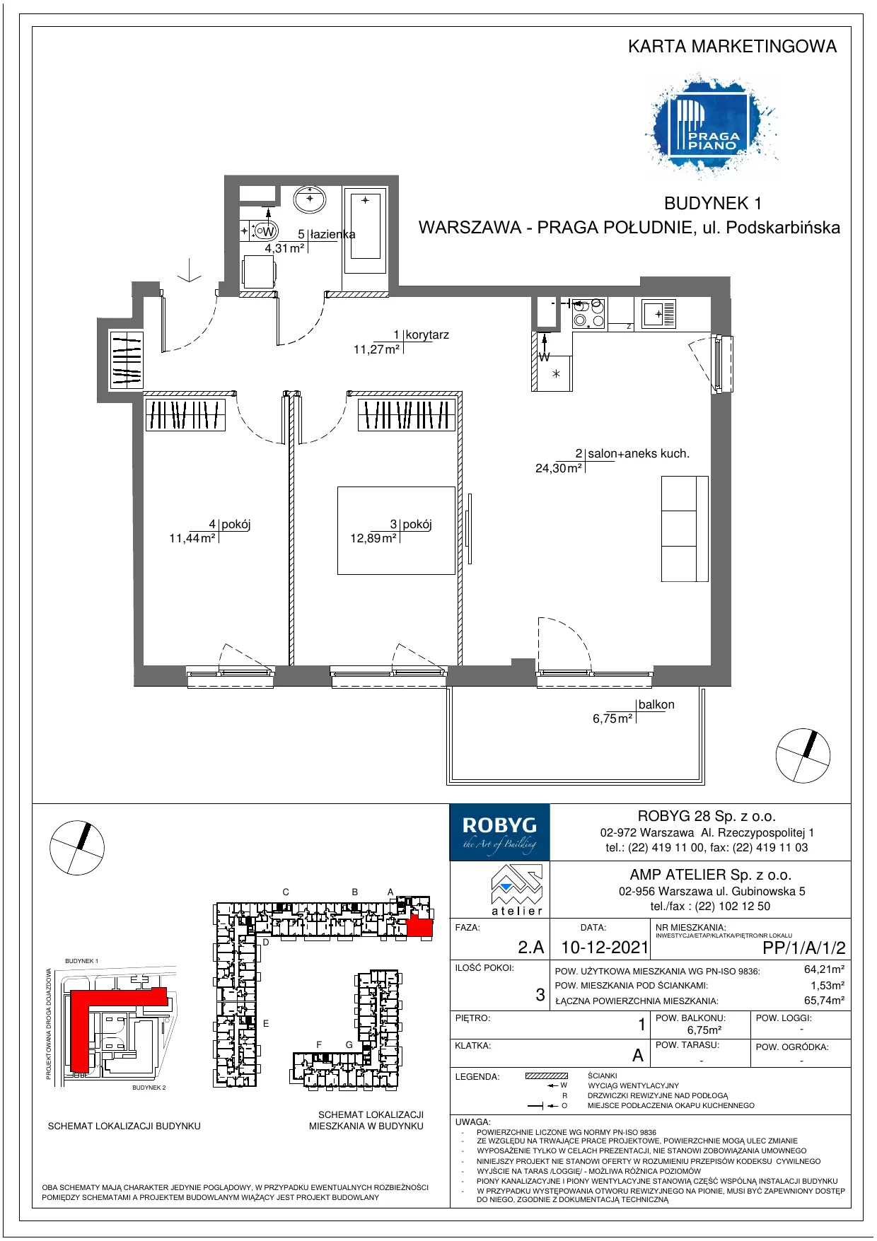 Mieszkanie 64,21 m², piętro 1, oferta nr PP/1/A/1/2, Praga Piano, Warszawa, Praga Południe, Kamionek, ul. Podskarbińska