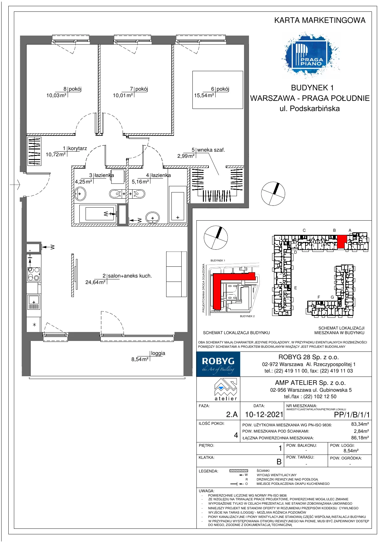 Mieszkanie 83,34 m², piętro 1, oferta nr PP/1/B/1/1, Praga Piano, Warszawa, Praga Południe, Kamionek, ul. Podskarbińska