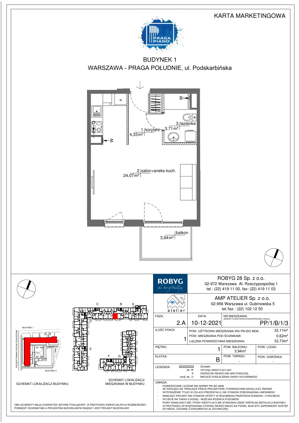 Mieszkanie 32,11 m², piętro 1, oferta nr PP/1/B/1/3, Praga Piano, Warszawa, Praga Południe, Kamionek, ul. Podskarbińska