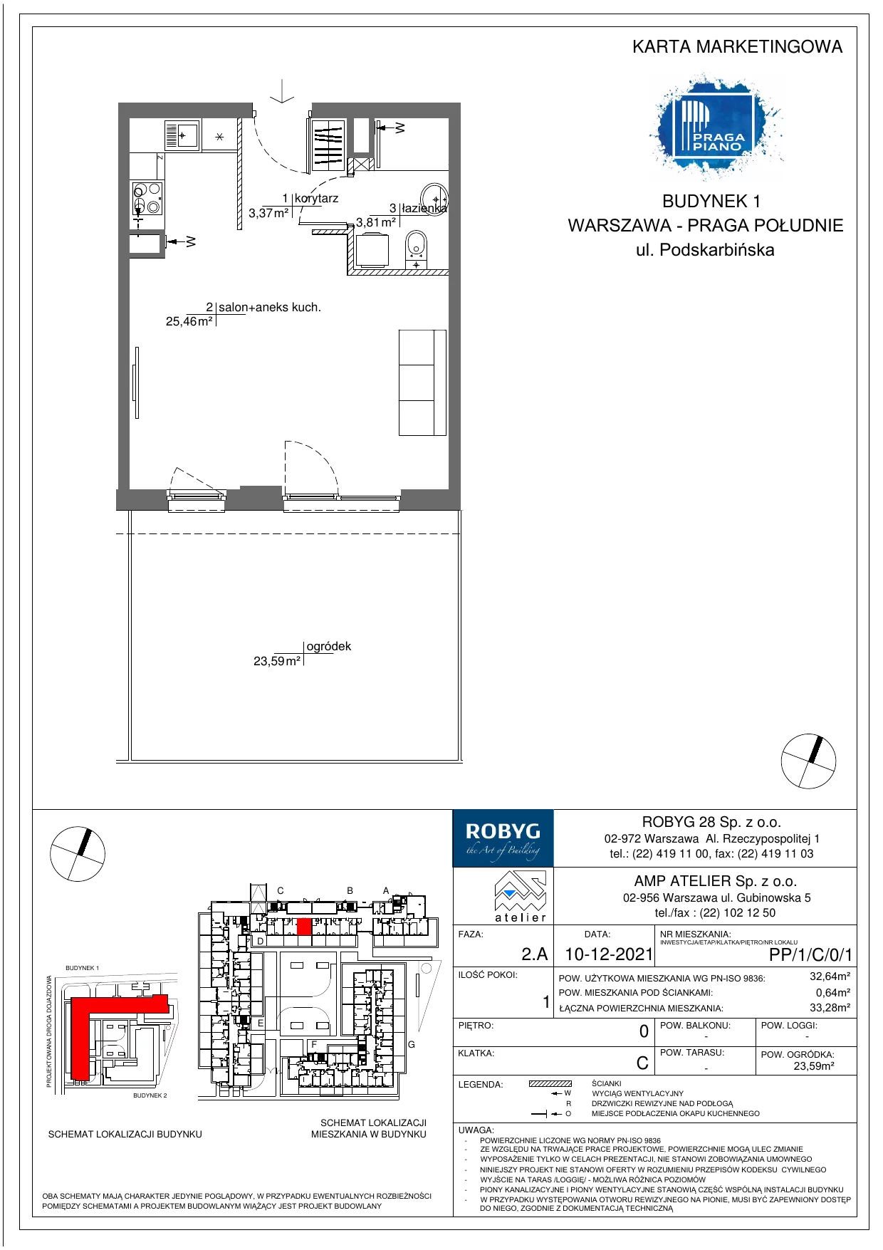 Mieszkanie 32,64 m², parter, oferta nr PP/1/C/0/1, Praga Piano, Warszawa, Praga Południe, Kamionek, ul. Podskarbińska