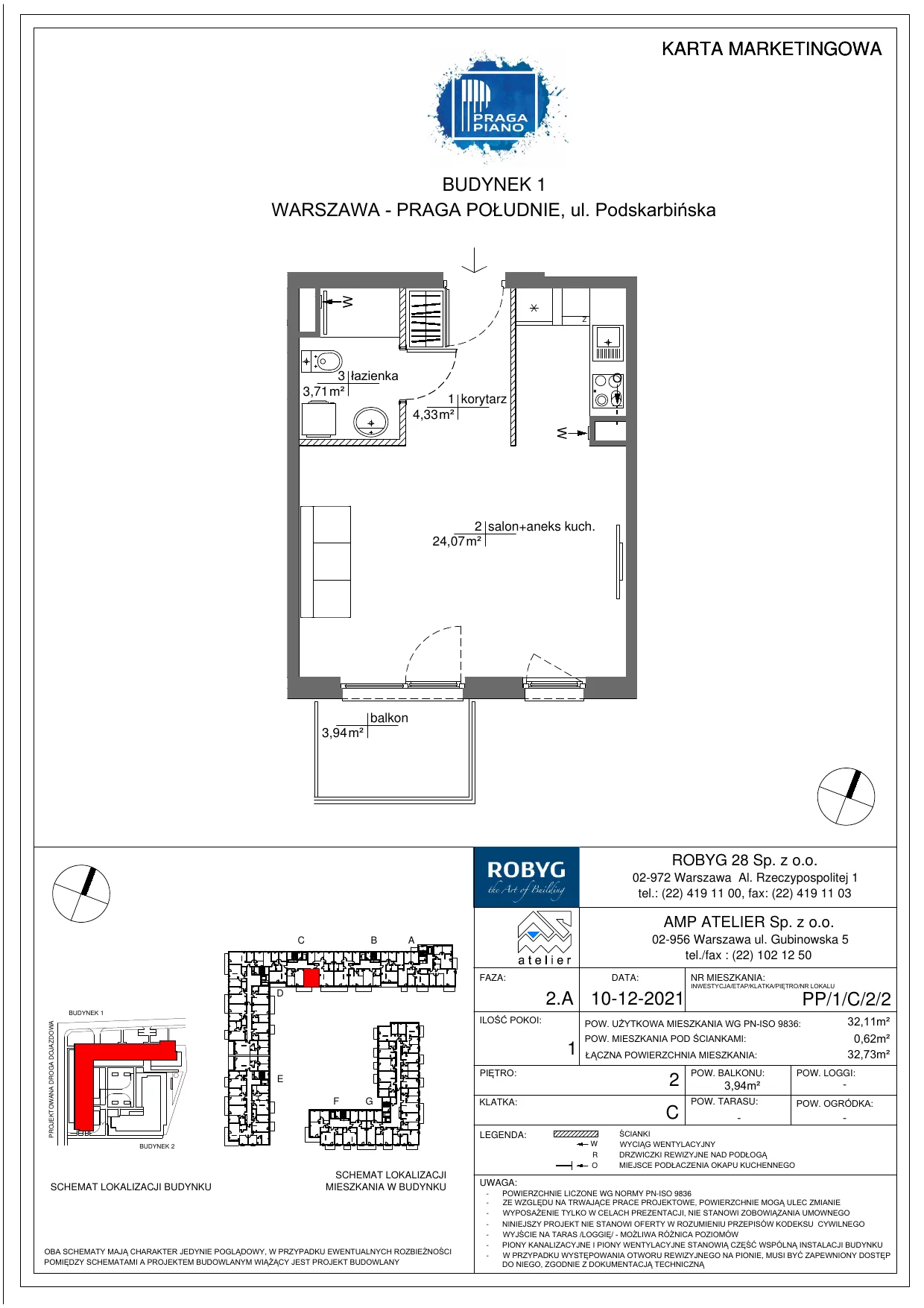 Mieszkanie 32,11 m², piętro 2, oferta nr PP/1/C/2/2, Praga Piano, Warszawa, Praga Południe, Kamionek, ul. Podskarbińska