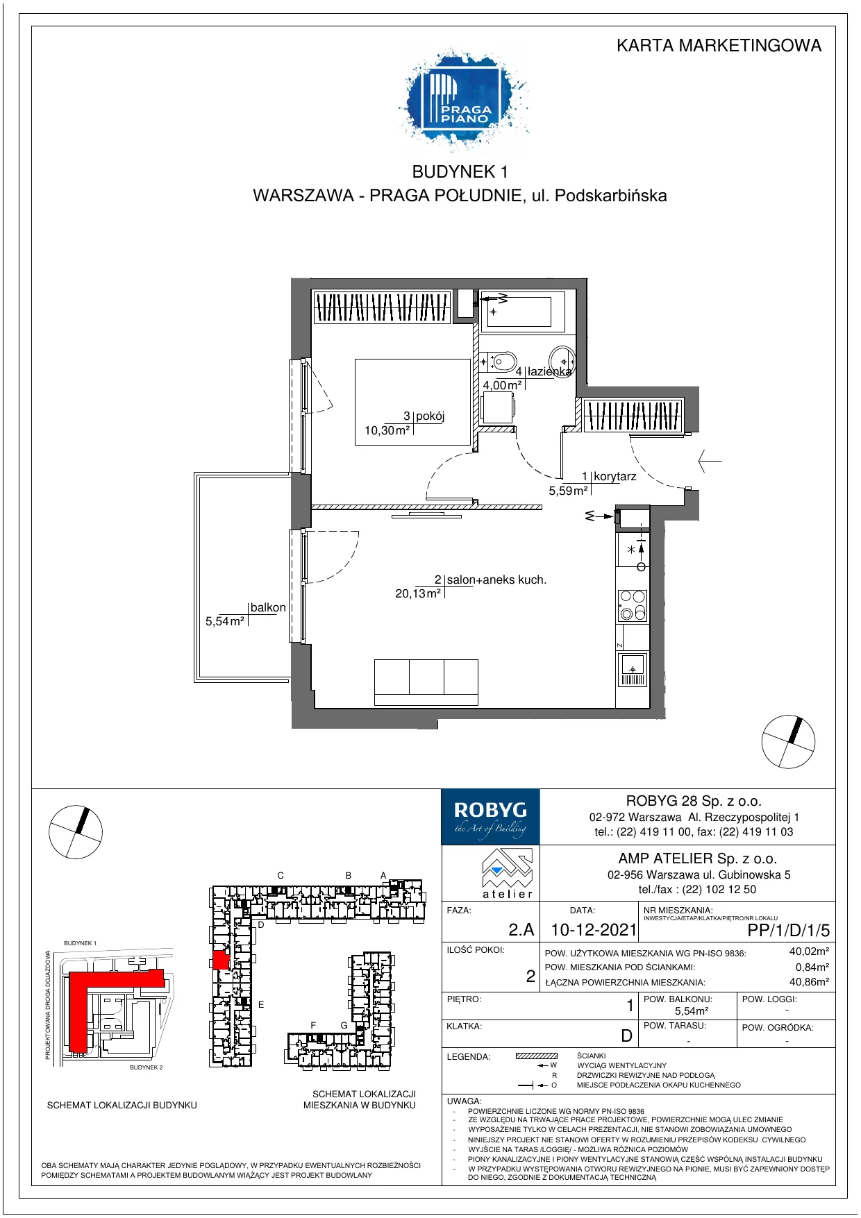 Mieszkanie 40,02 m², piętro 1, oferta nr PP/1/D/1/5, Praga Piano, Warszawa, Praga Południe, Kamionek, ul. Podskarbińska