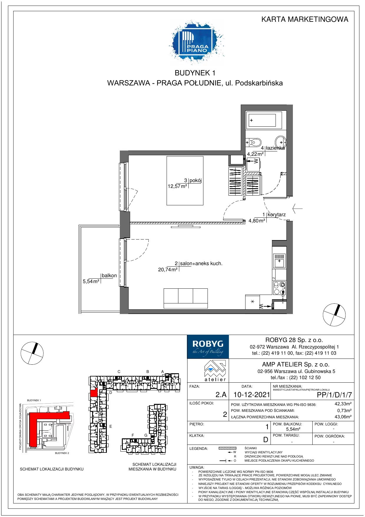 Mieszkanie 42,33 m², piętro 1, oferta nr PP/1/D/1/7, Praga Piano, Warszawa, Praga Południe, Kamionek, ul. Podskarbińska