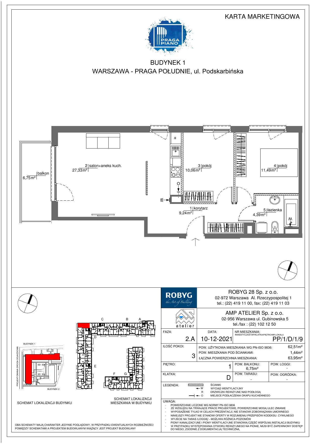 Mieszkanie 62,51 m², piętro 1, oferta nr PP/1/D/1/9, Praga Piano, Warszawa, Praga Południe, Kamionek, ul. Podskarbińska