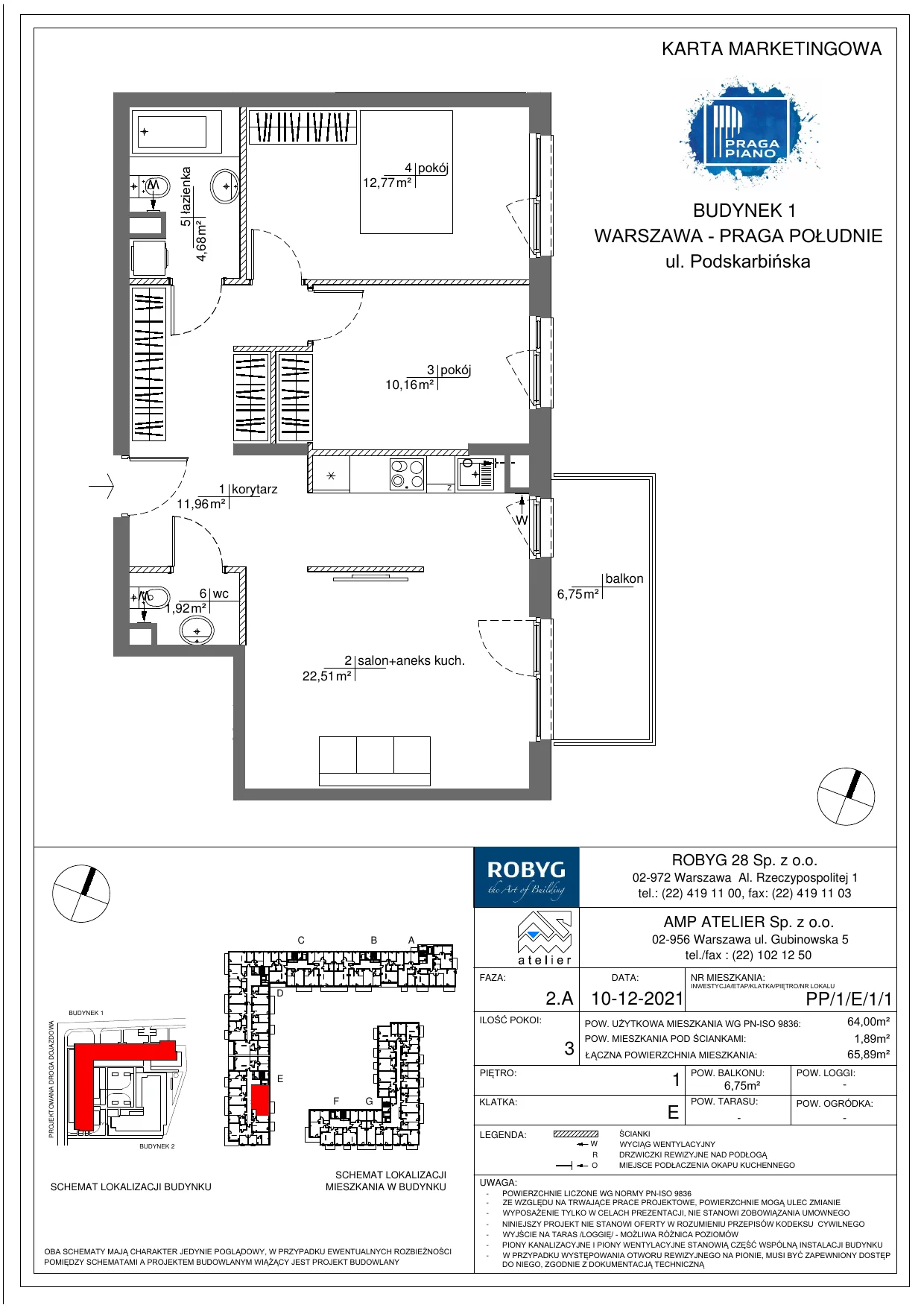 Mieszkanie 64,00 m², piętro 1, oferta nr PP/1/E/1/1, Praga Piano, Warszawa, Praga Południe, Kamionek, ul. Podskarbińska
