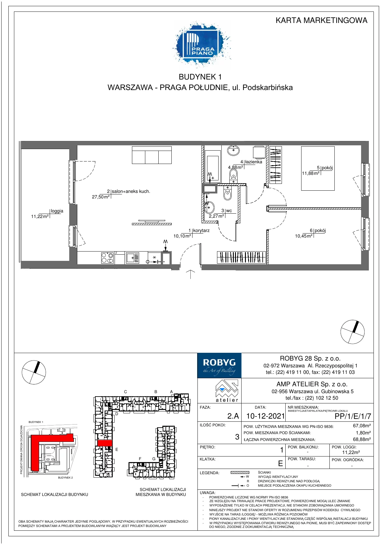 Mieszkanie 67,08 m², piętro 1, oferta nr PP/1/E/1/7, Praga Piano, Warszawa, Praga Południe, Kamionek, ul. Podskarbińska