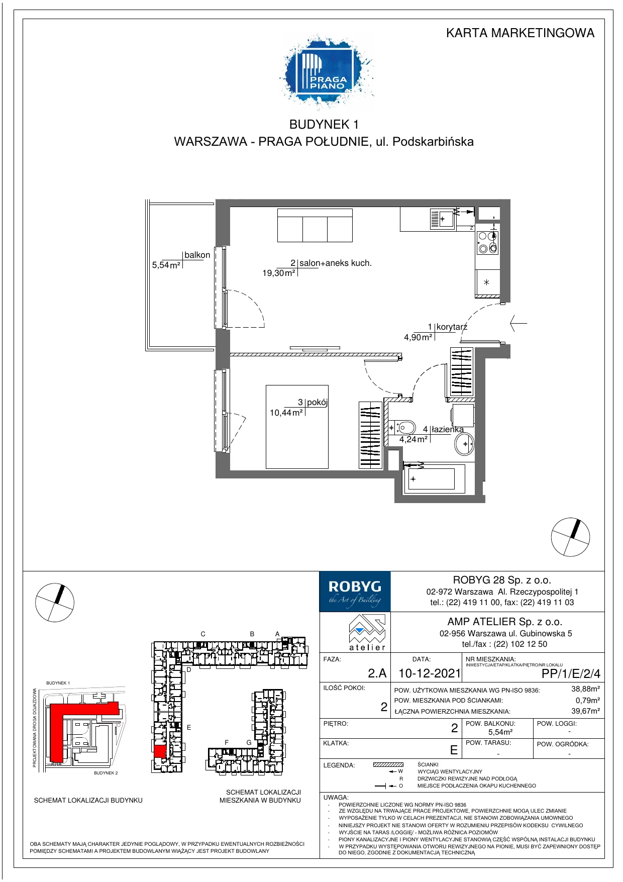 Mieszkanie 38,88 m², piętro 2, oferta nr PP/1/E/2/4, Praga Piano, Warszawa, Praga Południe, Kamionek, ul. Podskarbińska