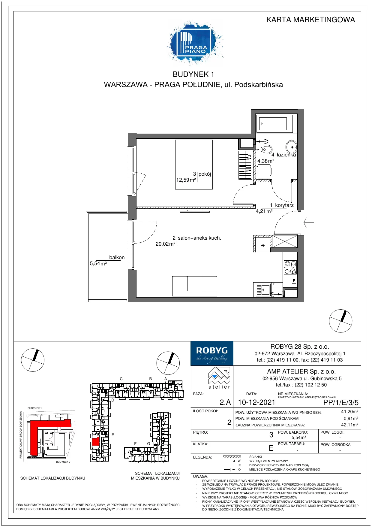 Mieszkanie 41,20 m², piętro 3, oferta nr PP/1/E/3/5, Praga Piano, Warszawa, Praga Południe, Kamionek, ul. Podskarbińska