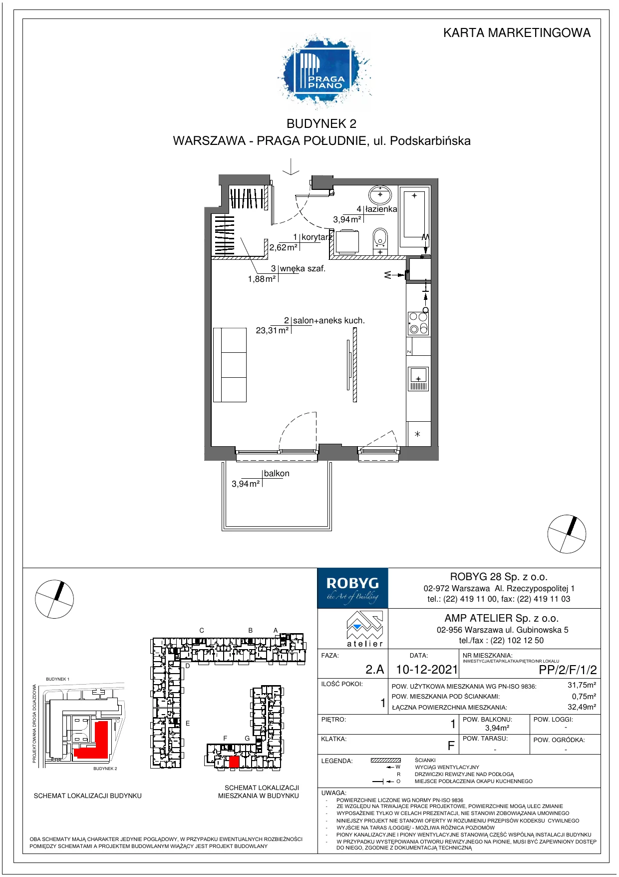 Mieszkanie 31,75 m², piętro 1, oferta nr PP/2/F/1/2, Praga Piano, Warszawa, Praga Południe, Kamionek, ul. Podskarbińska