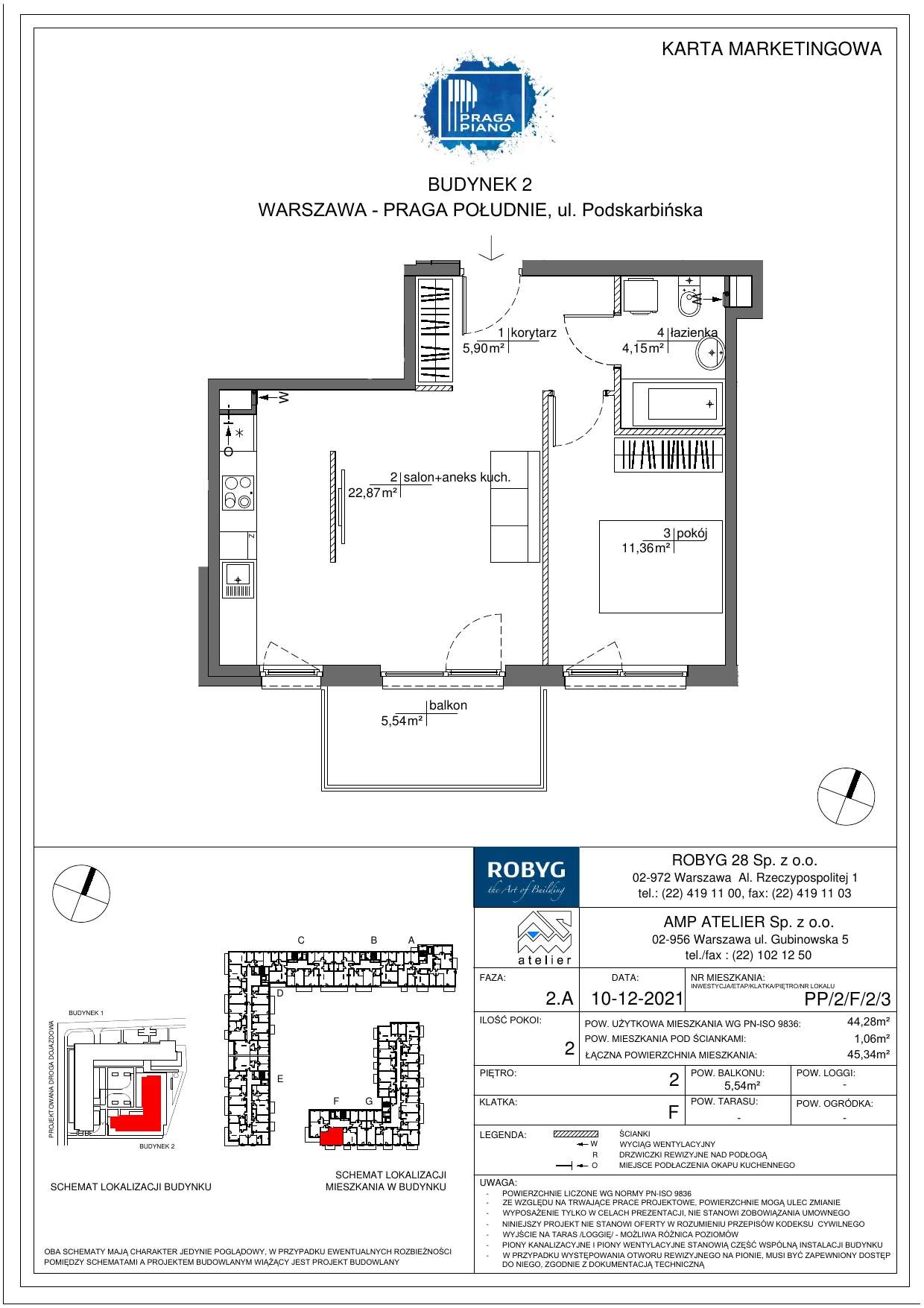 Mieszkanie 44,28 m², piętro 2, oferta nr PP/2/F/2/3, Praga Piano, Warszawa, Praga Południe, Kamionek, ul. Podskarbińska