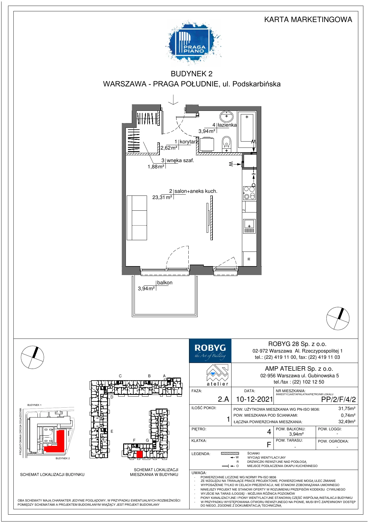 Mieszkanie 31,75 m², piętro 4, oferta nr PP/2/F/4/2, Praga Piano, Warszawa, Praga Południe, Kamionek, ul. Podskarbińska