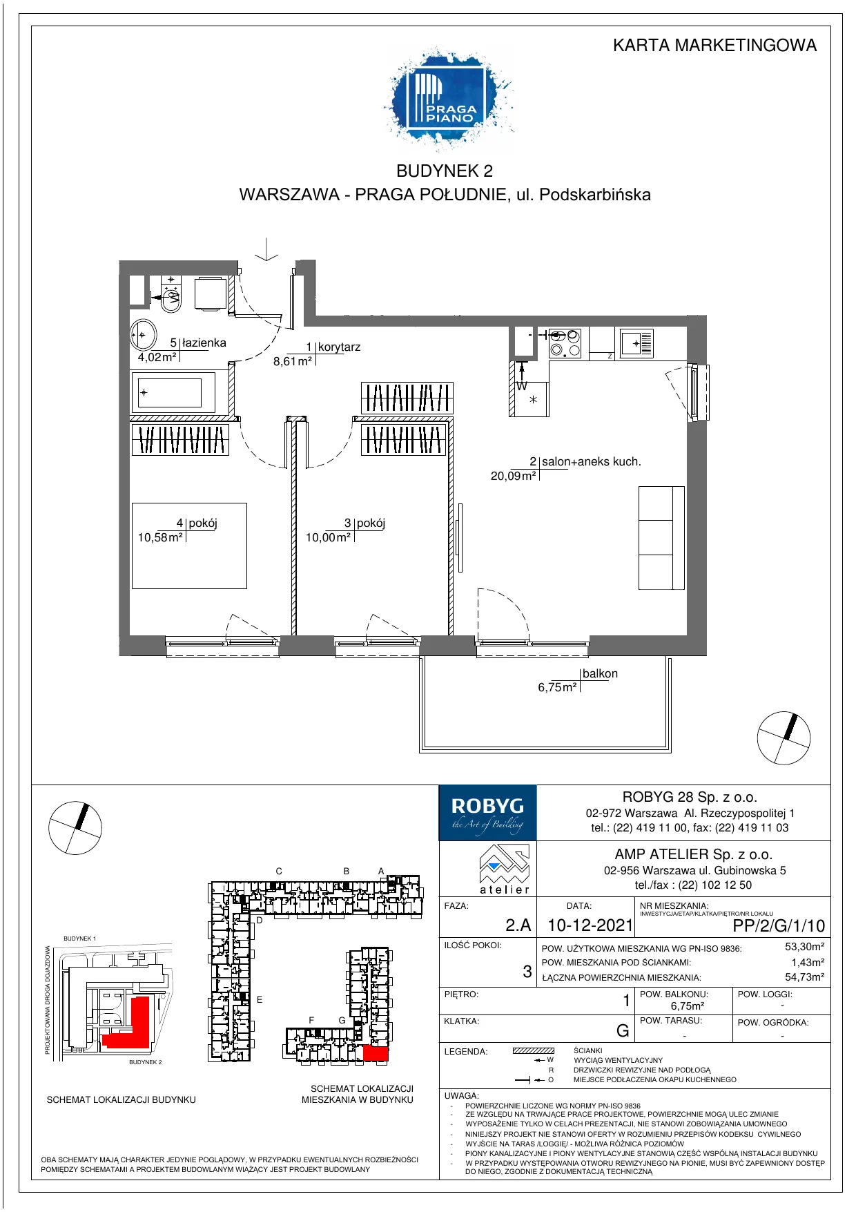 Mieszkanie 53,30 m², piętro 1, oferta nr PP/2/G/1/10, Praga Piano, Warszawa, Praga Południe, Kamionek, ul. Podskarbińska