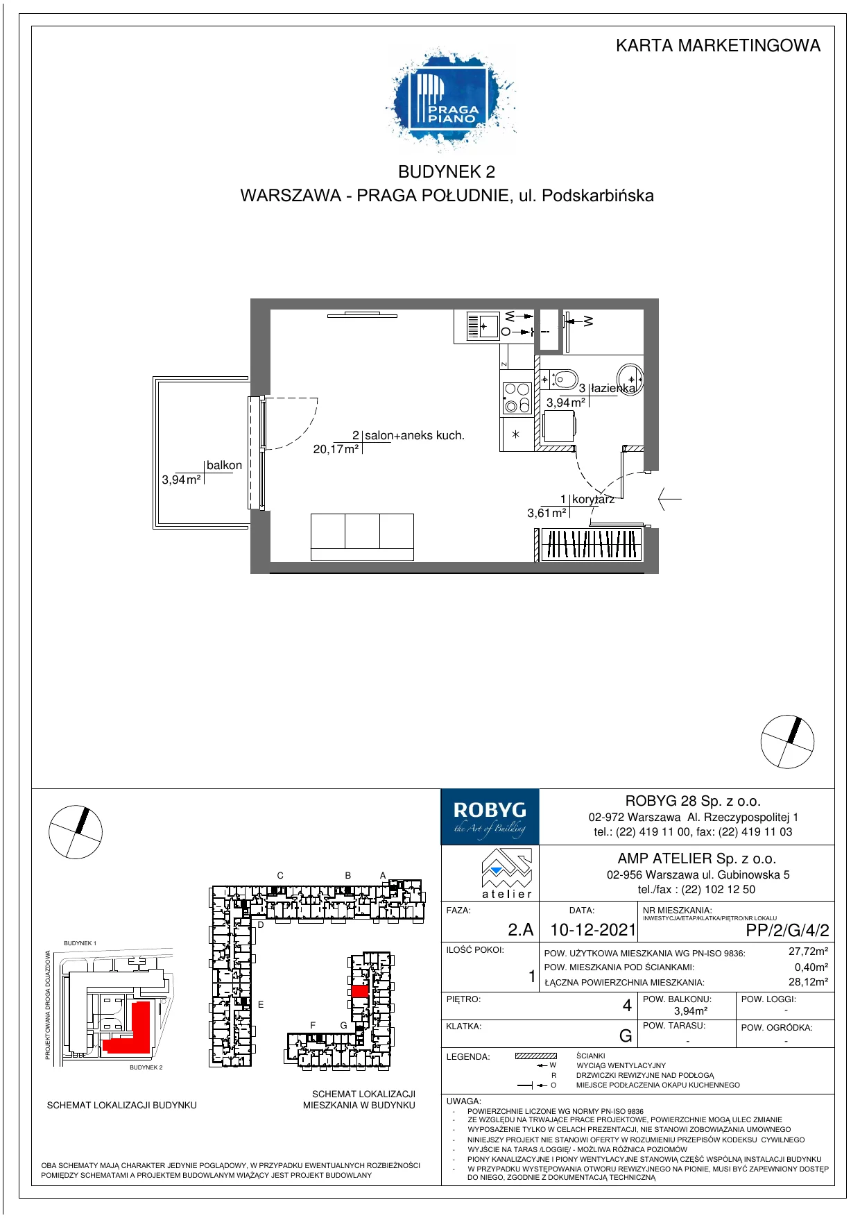 Mieszkanie 27,72 m², piętro 4, oferta nr PP/2/G/4/2, Praga Piano, Warszawa, Praga Południe, Kamionek, ul. Podskarbińska
