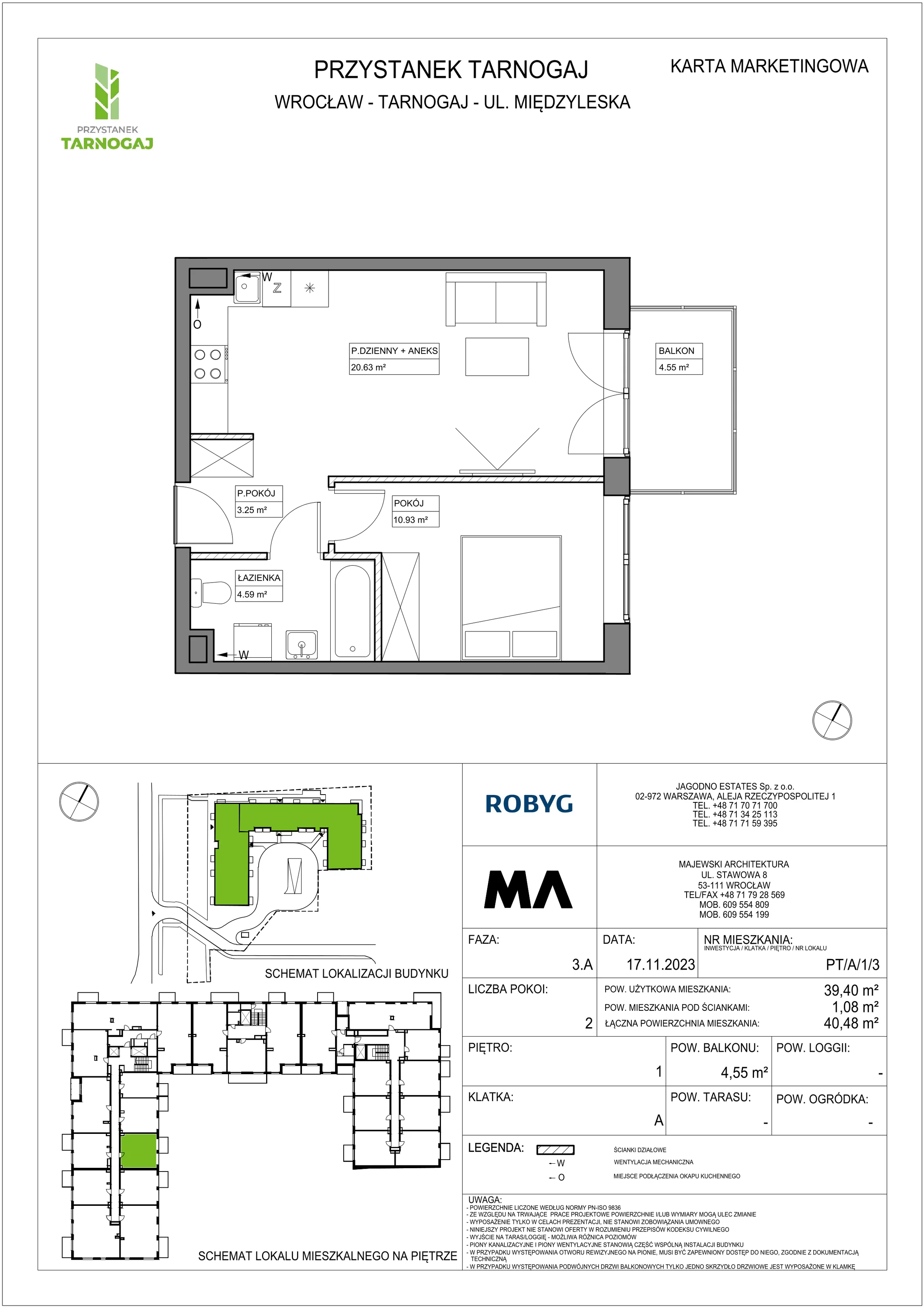 Mieszkanie 39,40 m², piętro 1, oferta nr PT/A/1/3, Przystanek Tarnogaj, Wrocław, Tarnogaj, Krzyki, ul. Międzyleska / Gazowa