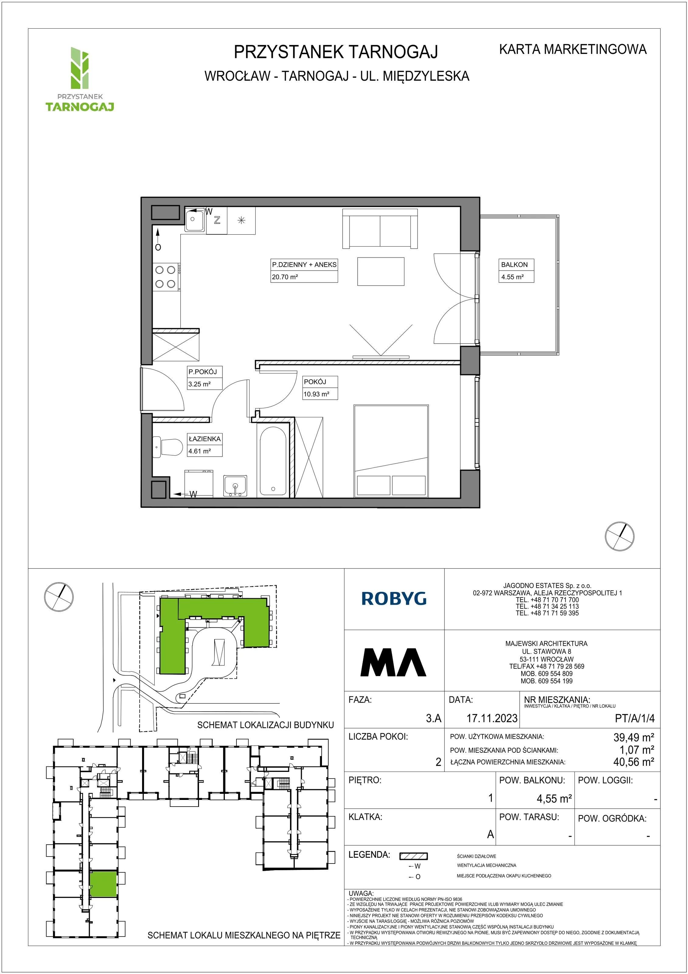 Mieszkanie 39,49 m², piętro 1, oferta nr PT/A/1/4, Przystanek Tarnogaj, Wrocław, Tarnogaj, Krzyki, ul. Międzyleska / Gazowa