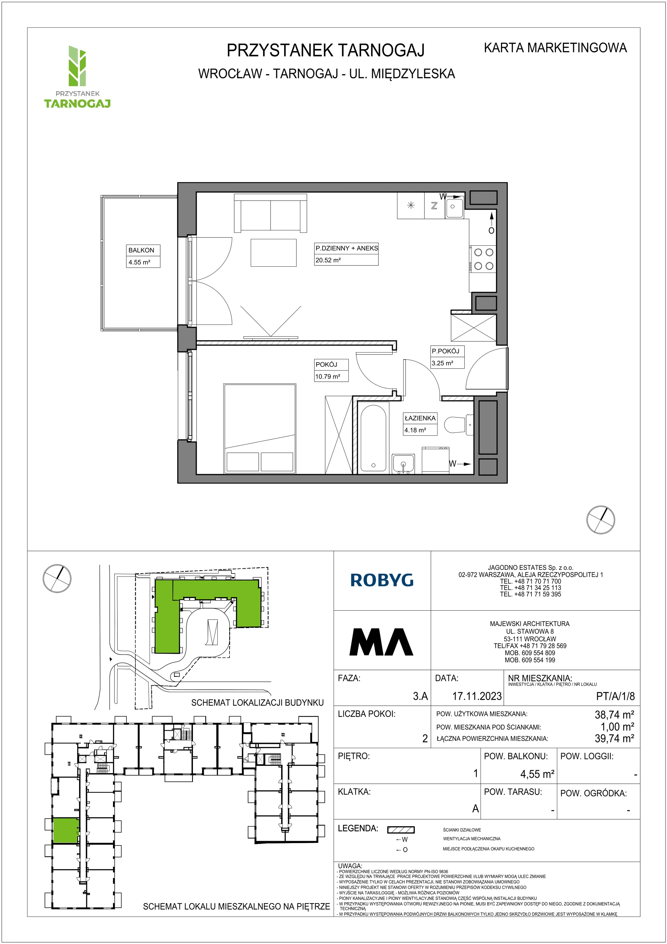 Mieszkanie 38,74 m², piętro 1, oferta nr PT/A/1/8, Przystanek Tarnogaj, Wrocław, Tarnogaj, Krzyki, ul. Międzyleska / Gazowa