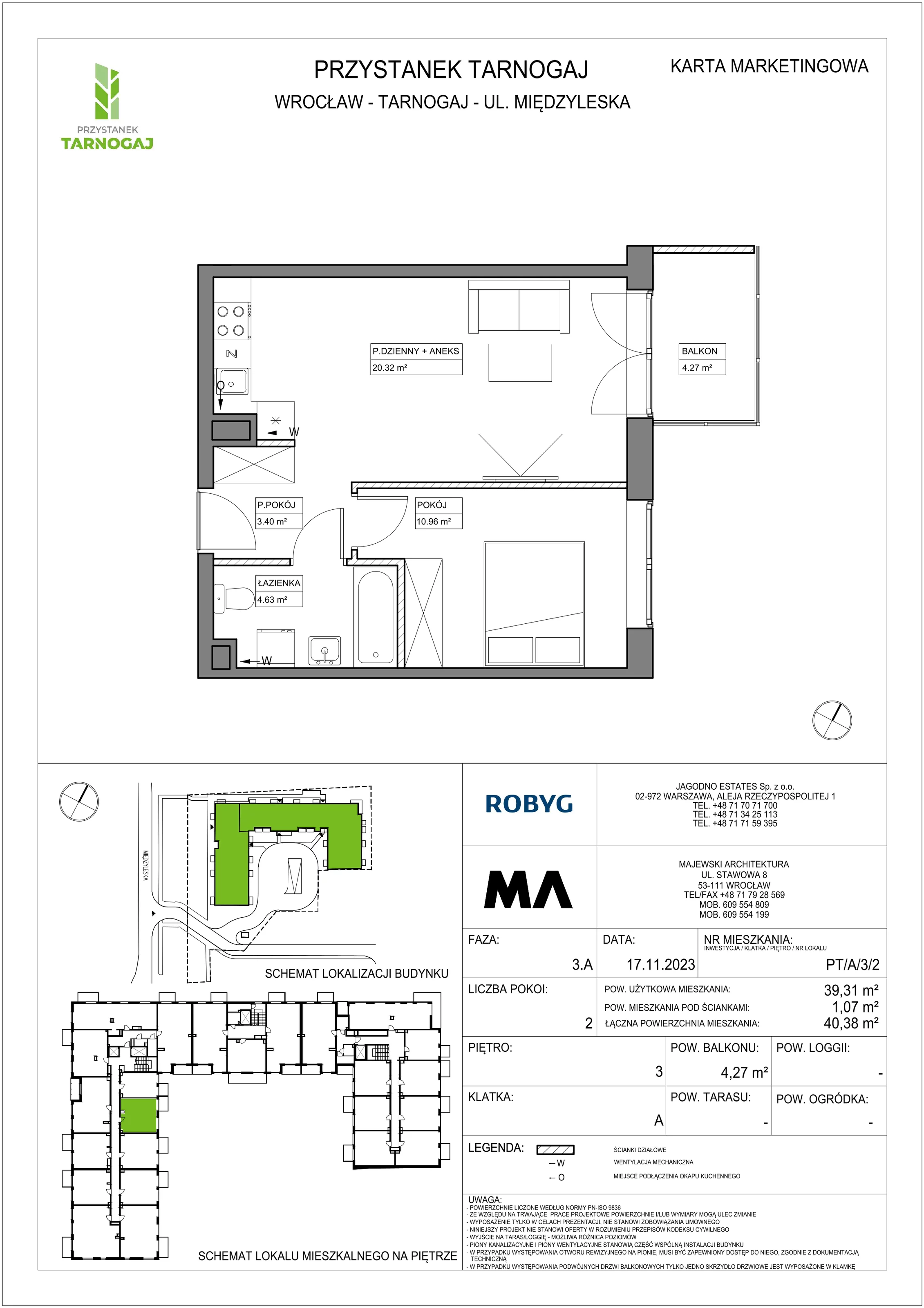Mieszkanie 39,31 m², piętro 3, oferta nr PT/A/3/2, Przystanek Tarnogaj, Wrocław, Tarnogaj, Krzyki, ul. Międzyleska / Gazowa
