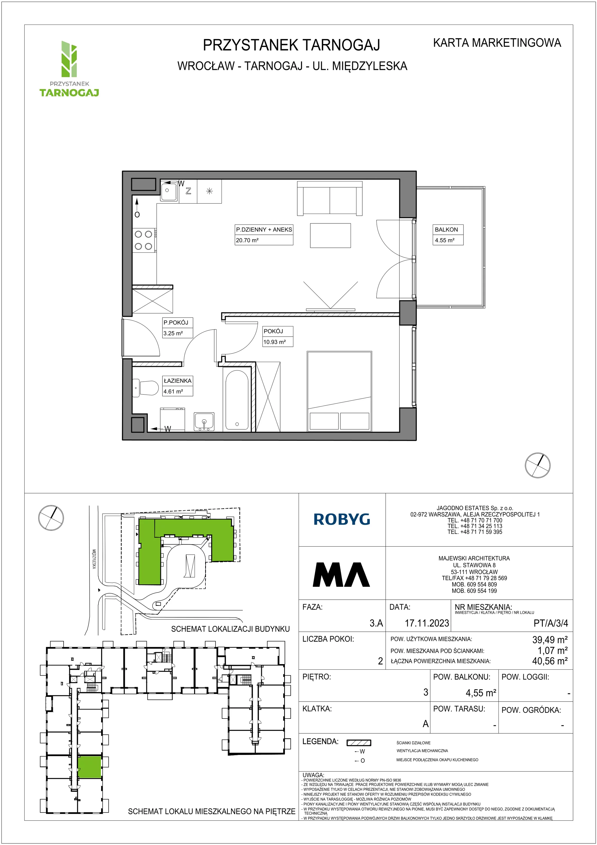 Mieszkanie 39,49 m², piętro 3, oferta nr PT/A/3/4, Przystanek Tarnogaj, Wrocław, Tarnogaj, Krzyki, ul. Międzyleska / Gazowa