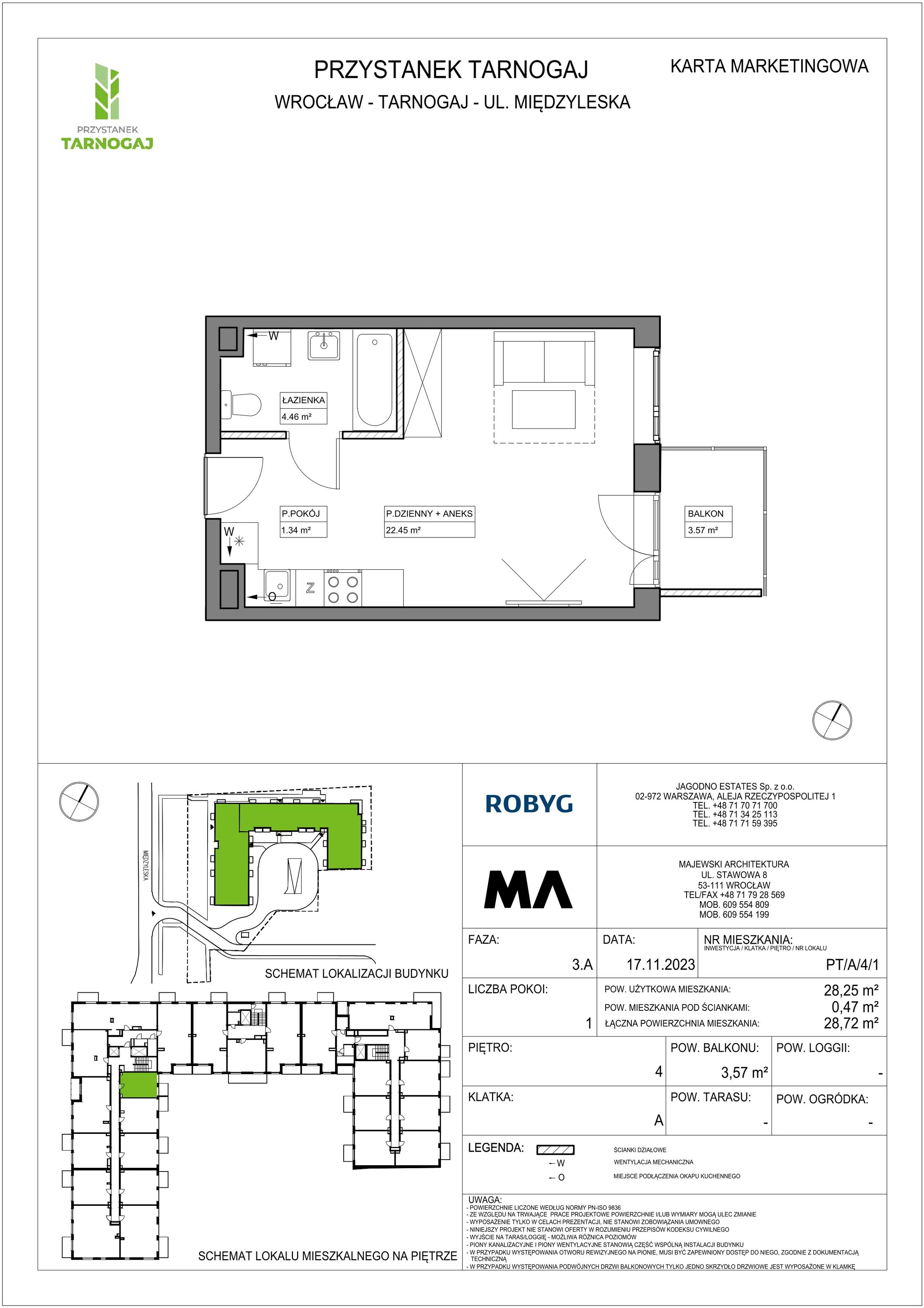Mieszkanie 28,25 m², piętro 4, oferta nr PT/A/4/1, Przystanek Tarnogaj, Wrocław, Tarnogaj, Krzyki, ul. Międzyleska / Gazowa