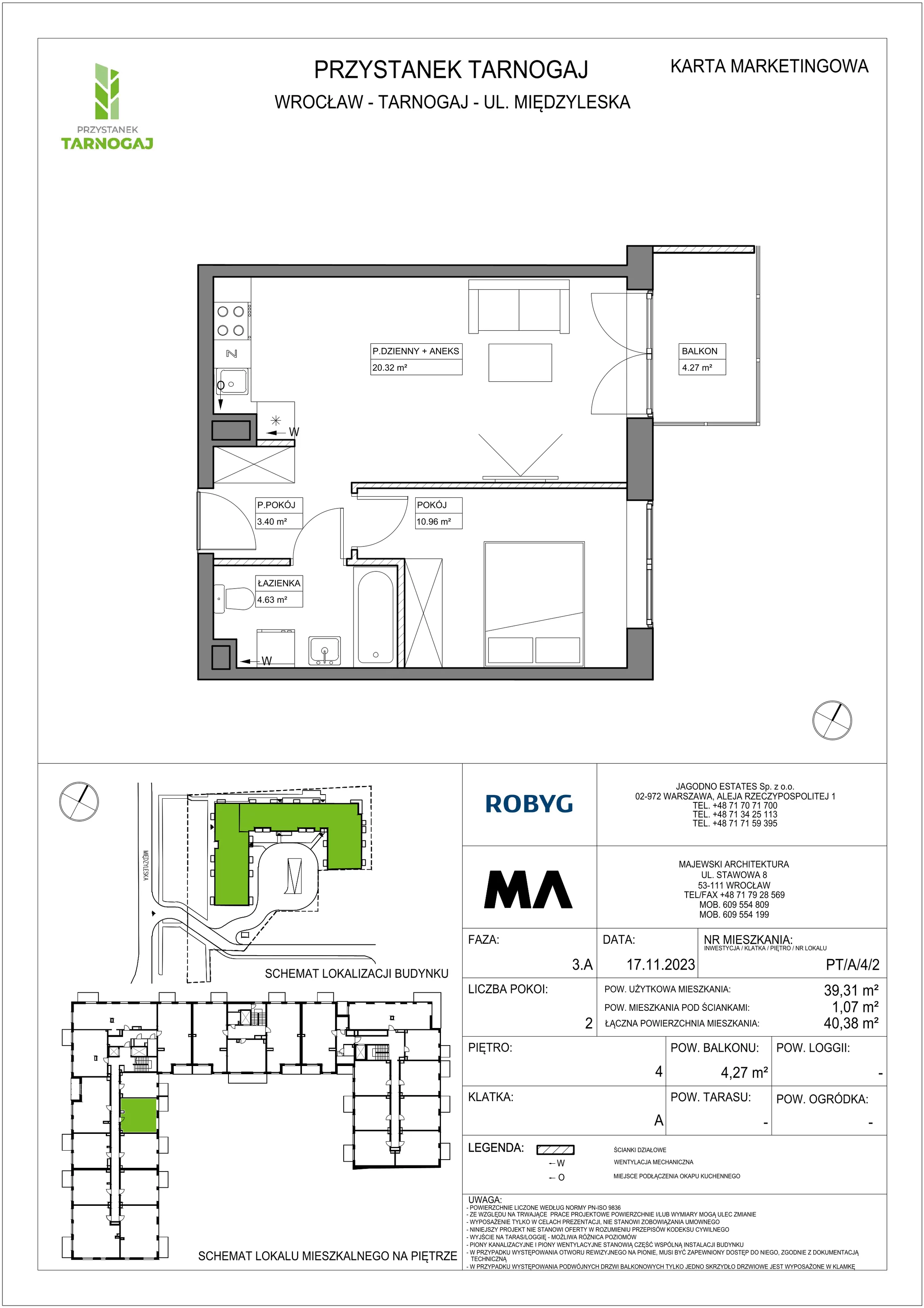 Mieszkanie 39,31 m², piętro 4, oferta nr PT/A/4/2, Przystanek Tarnogaj, Wrocław, Tarnogaj, Krzyki, ul. Międzyleska / Gazowa