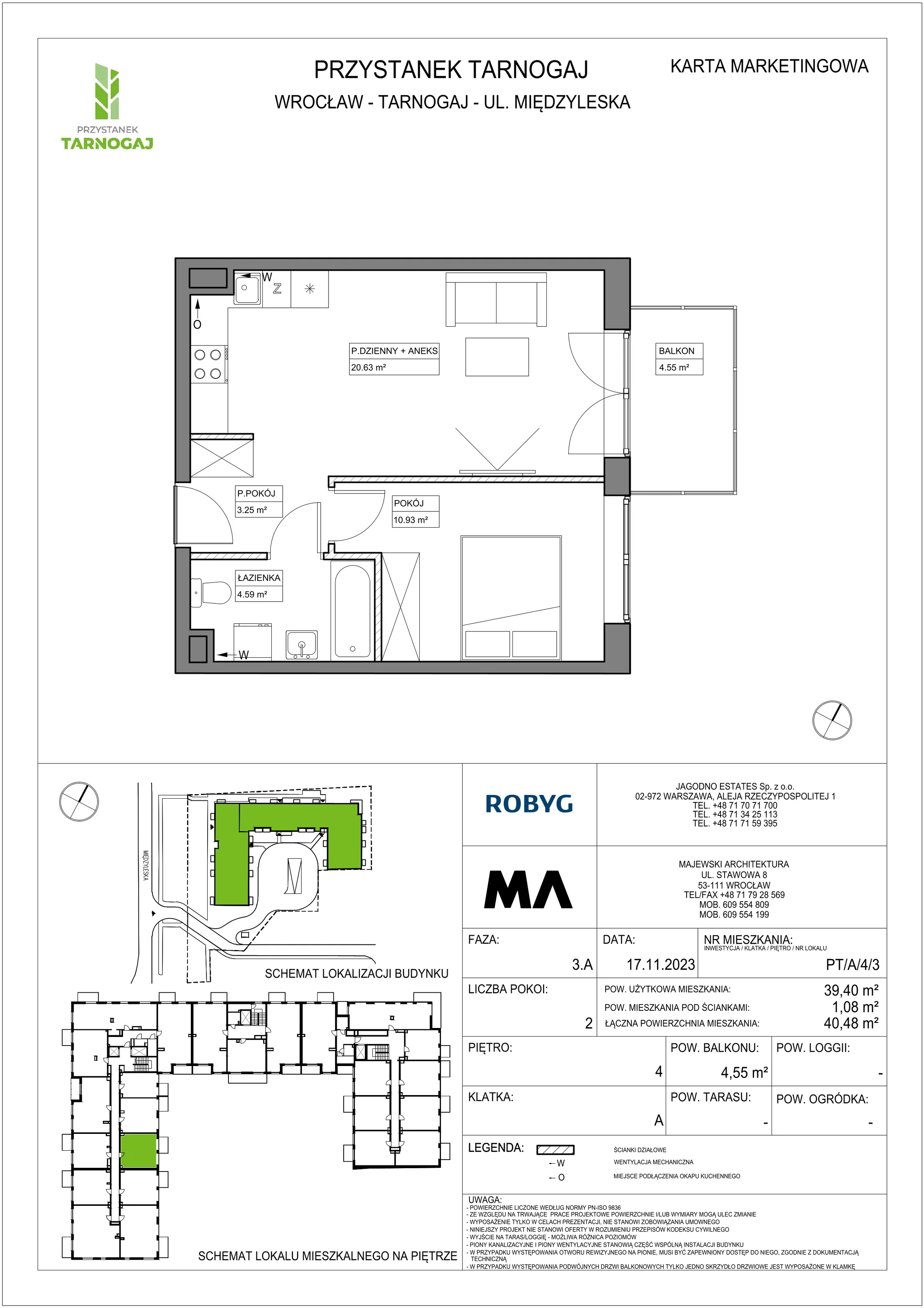 Mieszkanie 39,40 m², piętro 4, oferta nr PT/A/4/3, Przystanek Tarnogaj, Wrocław, Tarnogaj, Krzyki, ul. Międzyleska / Gazowa
