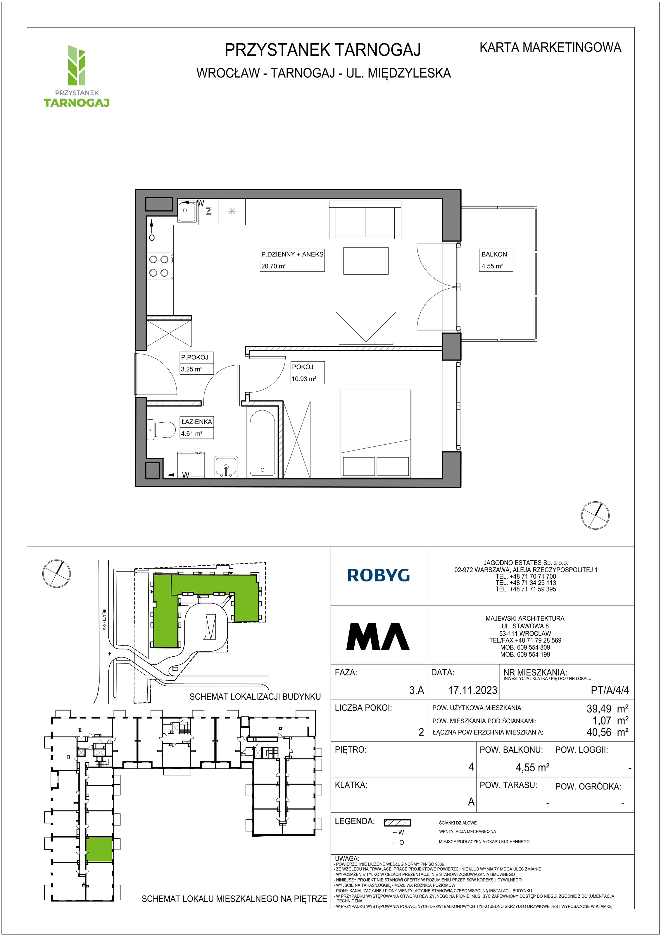 Mieszkanie 39,49 m², piętro 4, oferta nr PT/A/4/4, Przystanek Tarnogaj, Wrocław, Tarnogaj, Krzyki, ul. Międzyleska / Gazowa