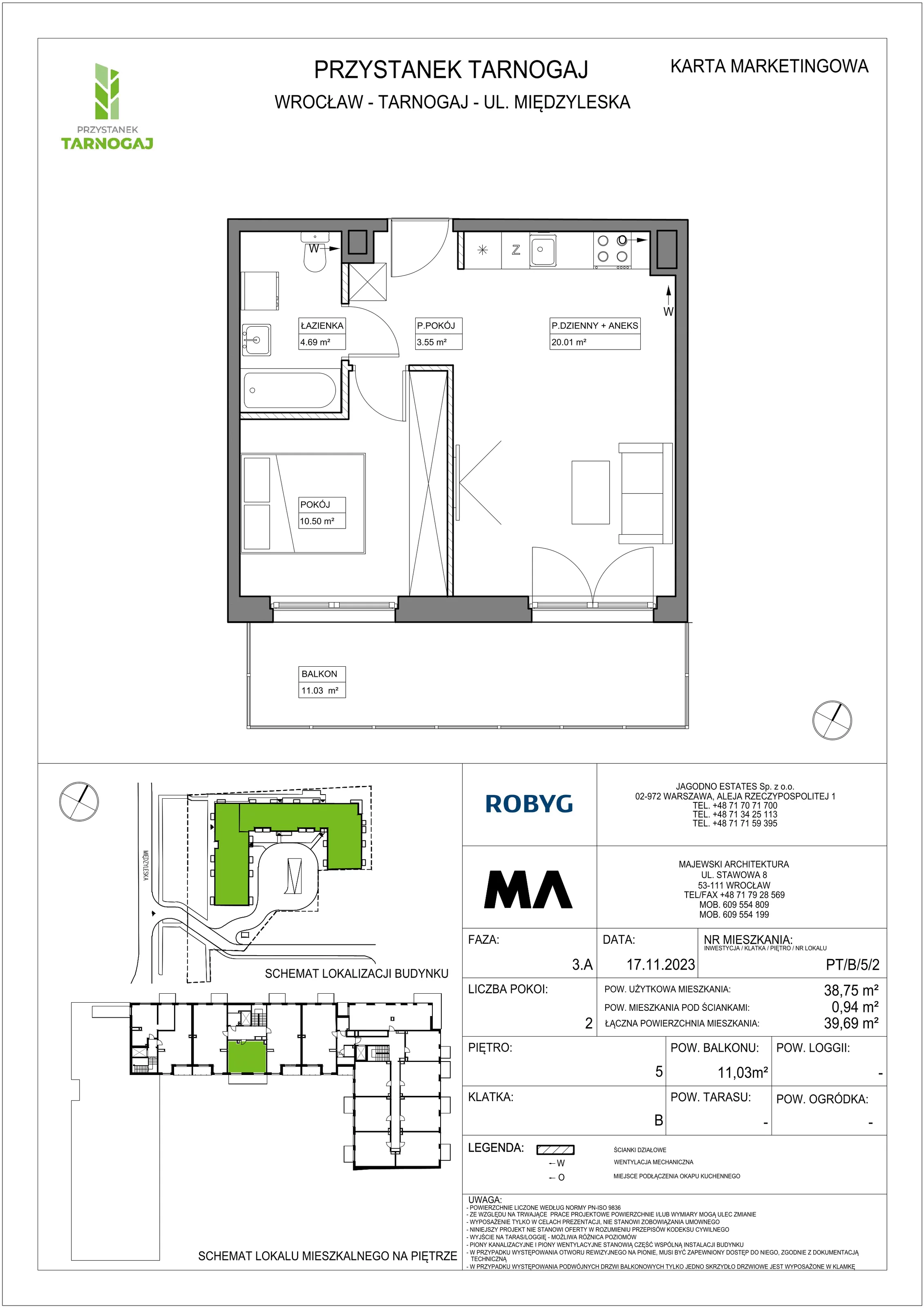 2 pokoje, mieszkanie 38,75 m², piętro 5, oferta nr PT/B/5/2, Przystanek Tarnogaj, Wrocław, Tarnogaj, Krzyki, ul. Międzyleska / Gazowa