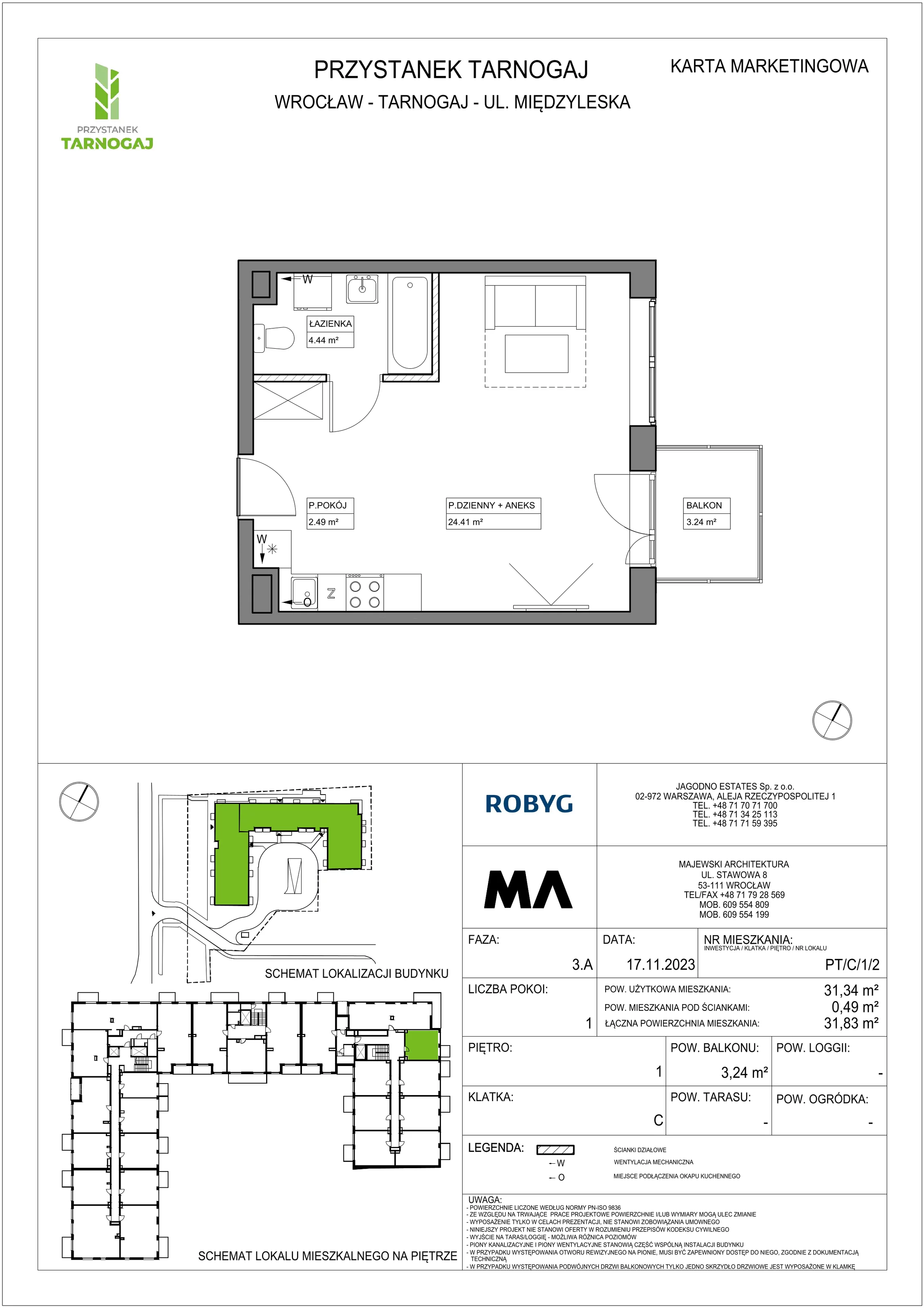 Mieszkanie 31,34 m², piętro 1, oferta nr PT/C/1/2, Przystanek Tarnogaj, Wrocław, Tarnogaj, Krzyki, ul. Międzyleska / Gazowa