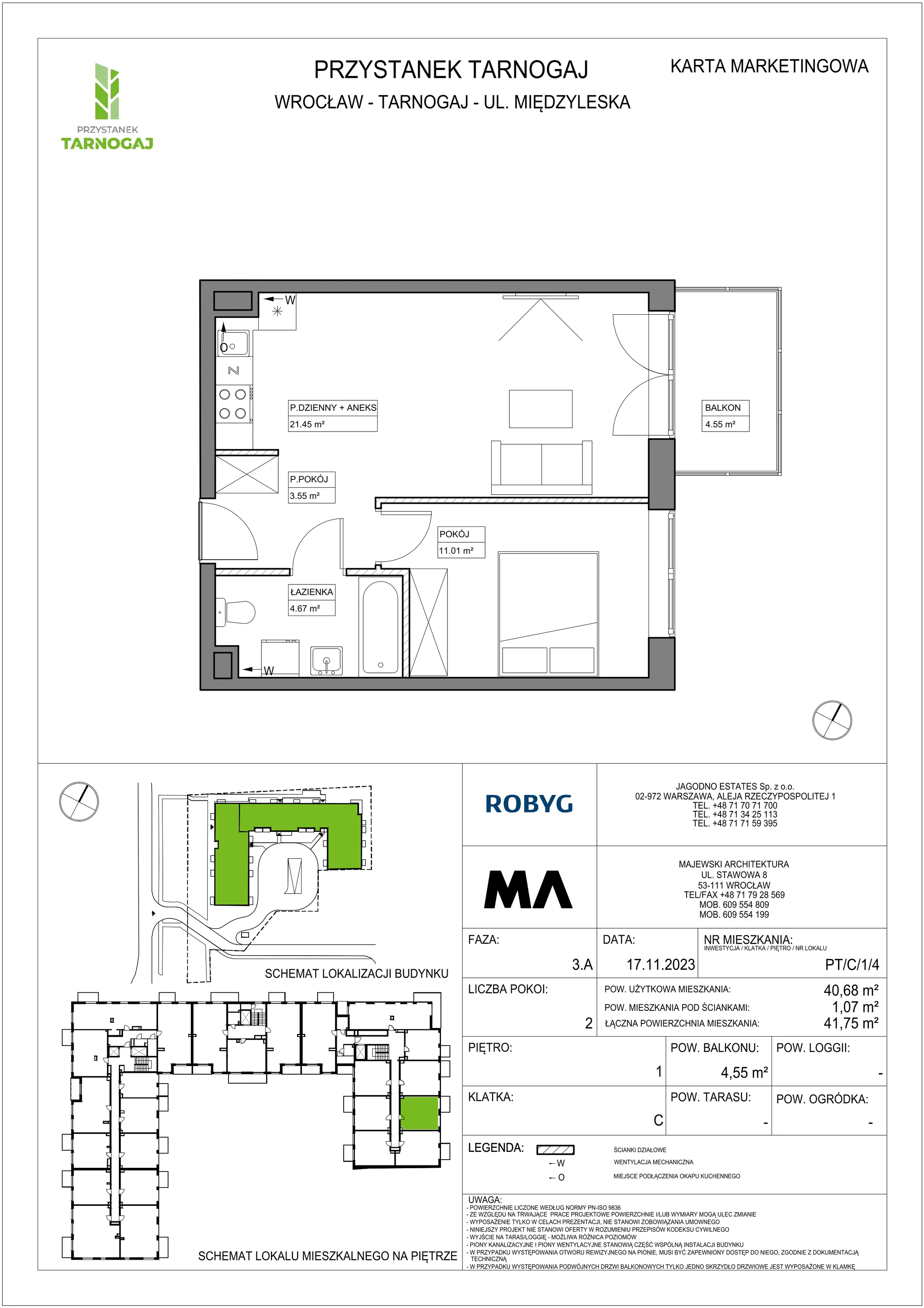 Mieszkanie 40,68 m², piętro 1, oferta nr PT/C/1/4, Przystanek Tarnogaj, Wrocław, Tarnogaj, Krzyki, ul. Międzyleska / Gazowa