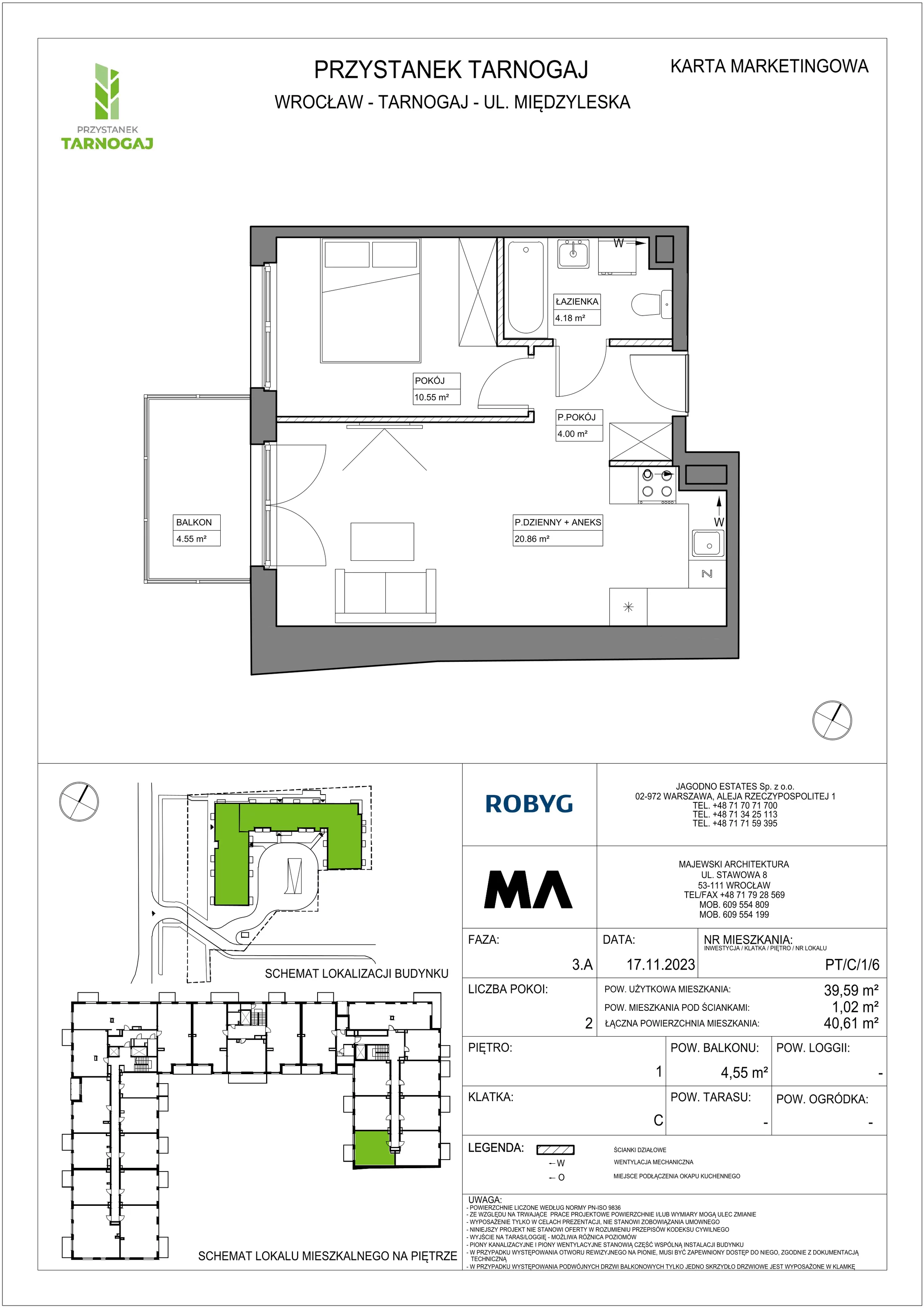 Mieszkanie 39,59 m², piętro 1, oferta nr PT/C/1/6, Przystanek Tarnogaj, Wrocław, Tarnogaj, Krzyki, ul. Międzyleska / Gazowa