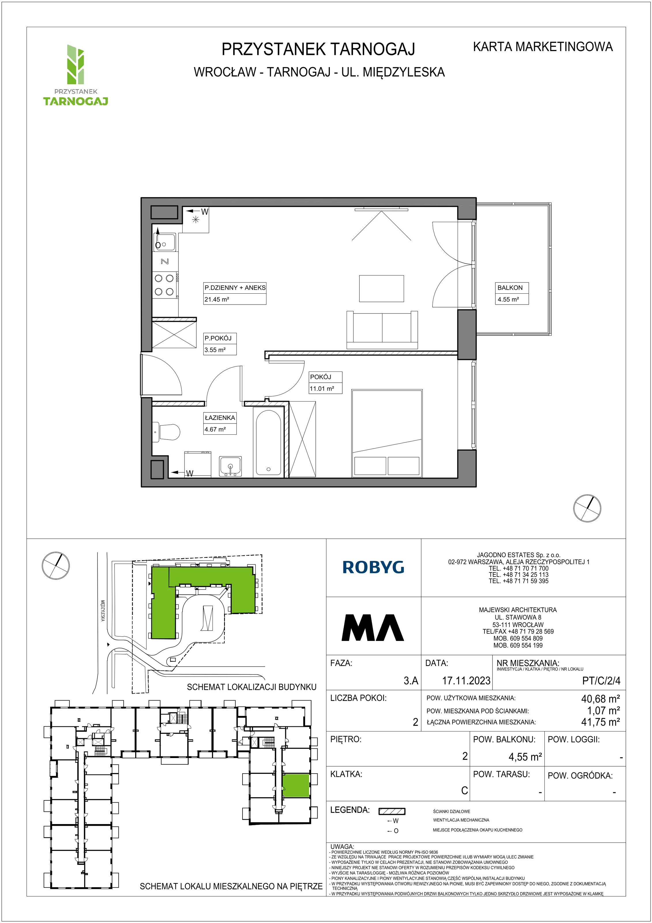 Mieszkanie 40,68 m², piętro 2, oferta nr PT/C/2/4, Przystanek Tarnogaj, Wrocław, Tarnogaj, Krzyki, ul. Międzyleska / Gazowa