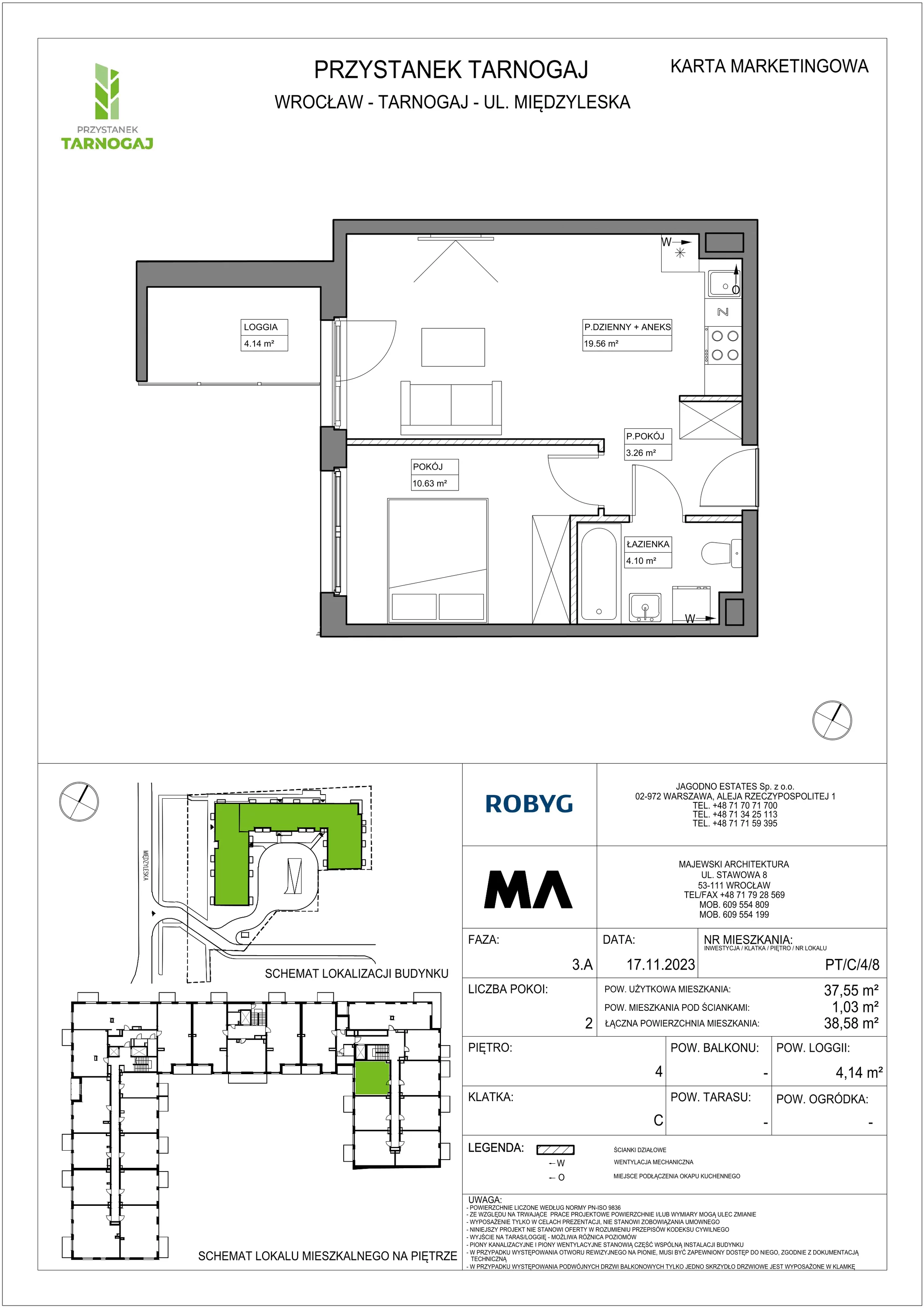 Mieszkanie 37,55 m², piętro 4, oferta nr PT/C/4/8, Przystanek Tarnogaj, Wrocław, Tarnogaj, Krzyki, ul. Międzyleska / Gazowa