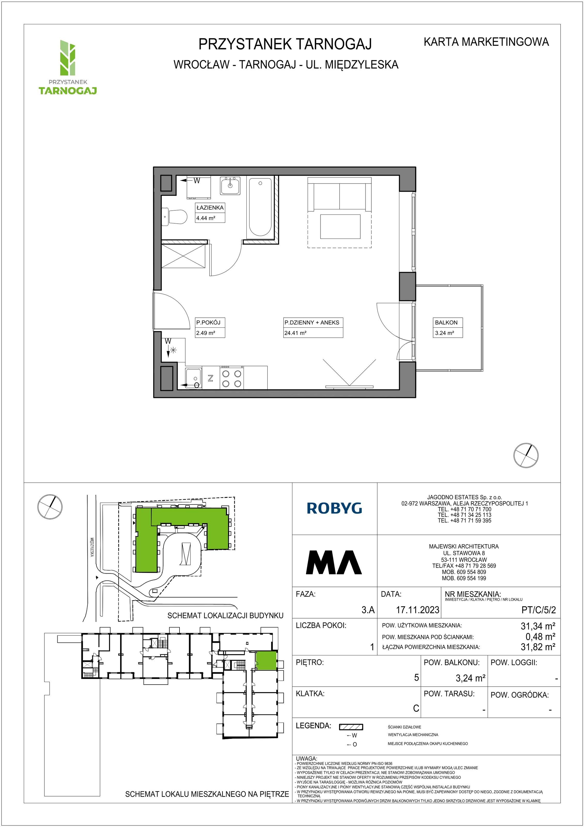 Mieszkanie 31,34 m², piętro 5, oferta nr PT/C/5/2, Przystanek Tarnogaj, Wrocław, Tarnogaj, Krzyki, ul. Międzyleska / Gazowa