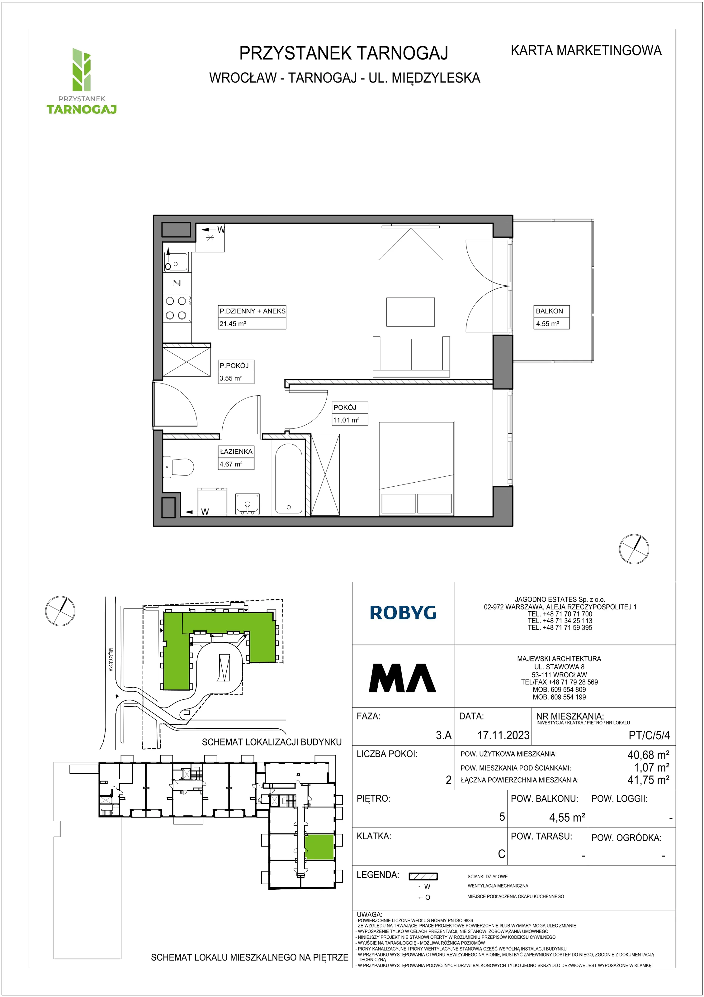 Mieszkanie 40,68 m², piętro 5, oferta nr PT/C/5/4, Przystanek Tarnogaj, Wrocław, Tarnogaj, Krzyki, ul. Międzyleska / Gazowa