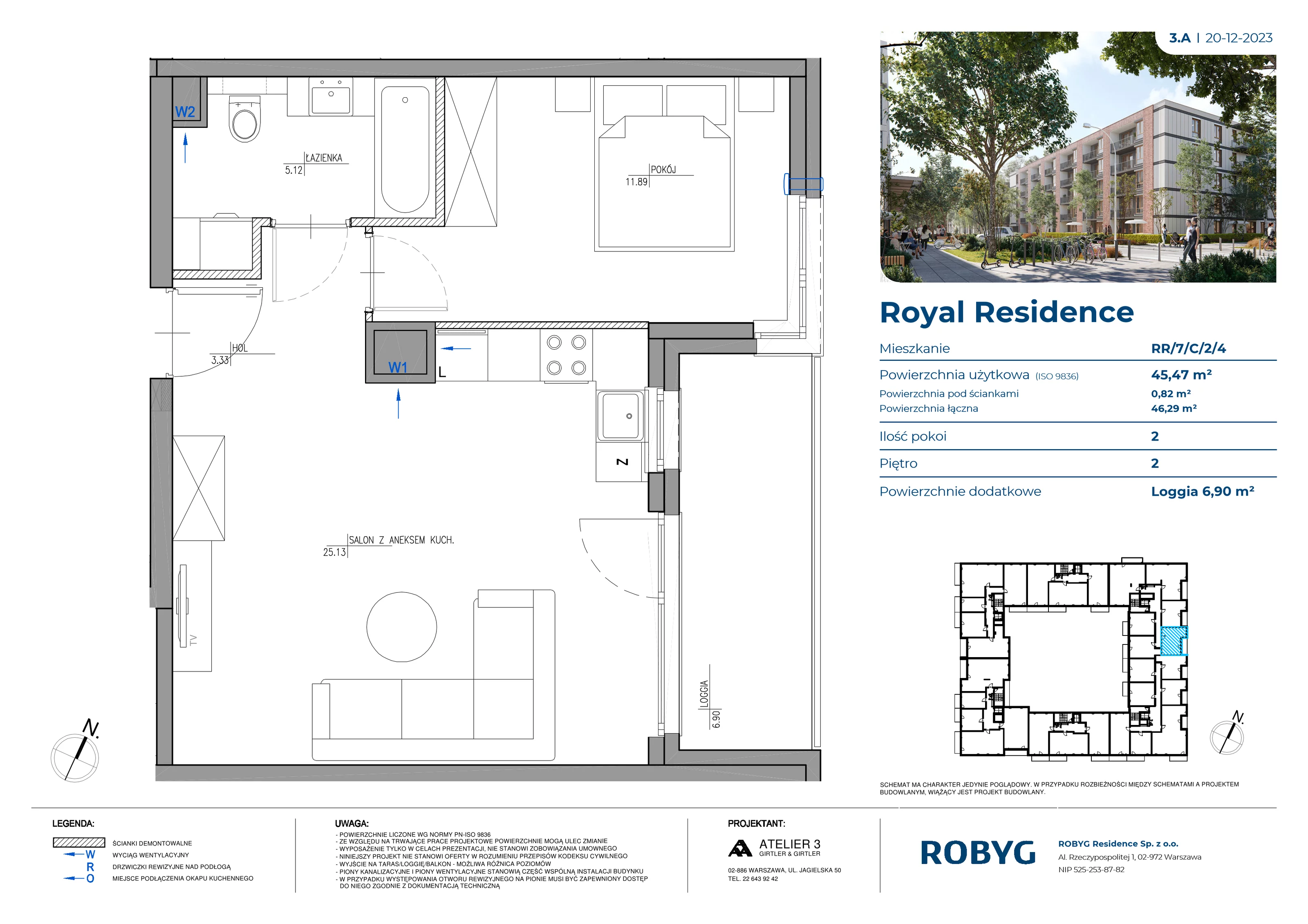 Mieszkanie 45,47 m², piętro 2, oferta nr RR/7/C/2/4, Royal Residence, Warszawa, Wilanów, Błonia Wilanowskie, ul. Sarmacka