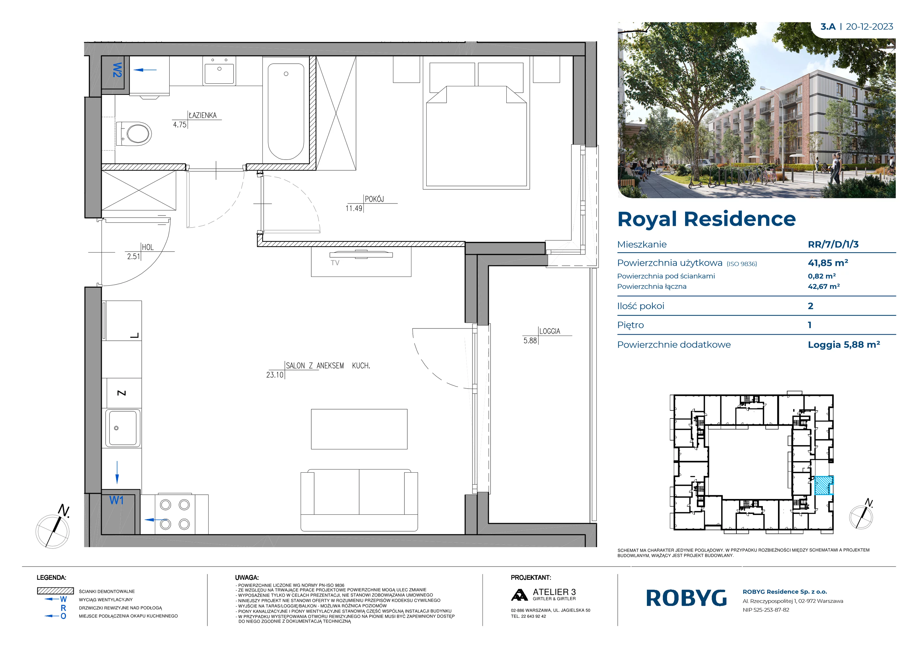 Mieszkanie 41,85 m², piętro 1, oferta nr RR/7/D/1/3, Royal Residence, Warszawa, Wilanów, Błonia Wilanowskie, ul. Sarmacka