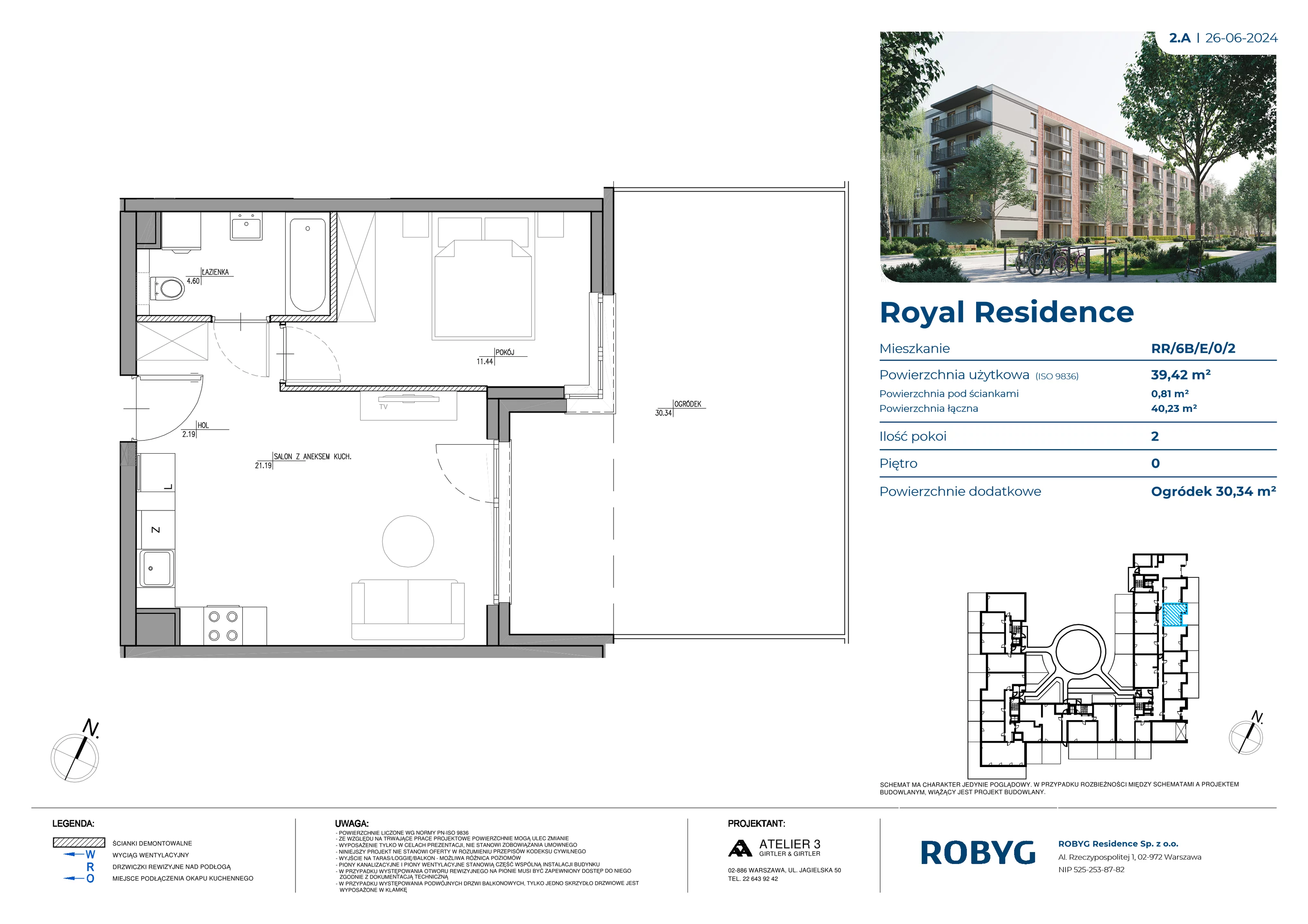 2 pokoje, mieszkanie 39,46 m², parter, oferta nr RR/6B/E/0/2, Royal Residence 6B, Warszawa, Wilanów, Błonia Wilanowskie, ul. Sarmacka