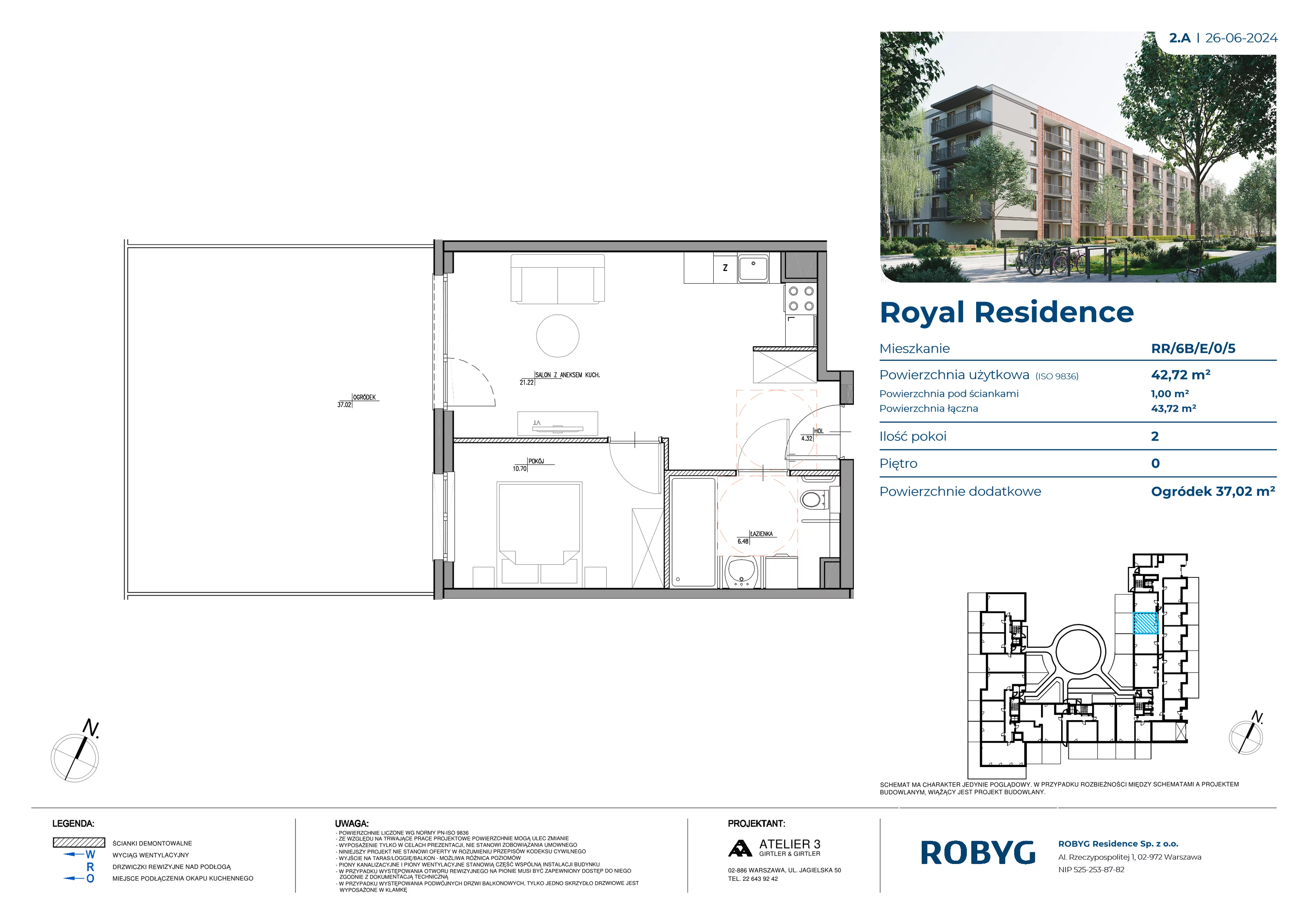 Mieszkanie 42,72 m², parter, oferta nr RR/6B/E/0/5, Royal Residence 6B, Warszawa, Wilanów, Błonia Wilanowskie, ul. Sarmacka