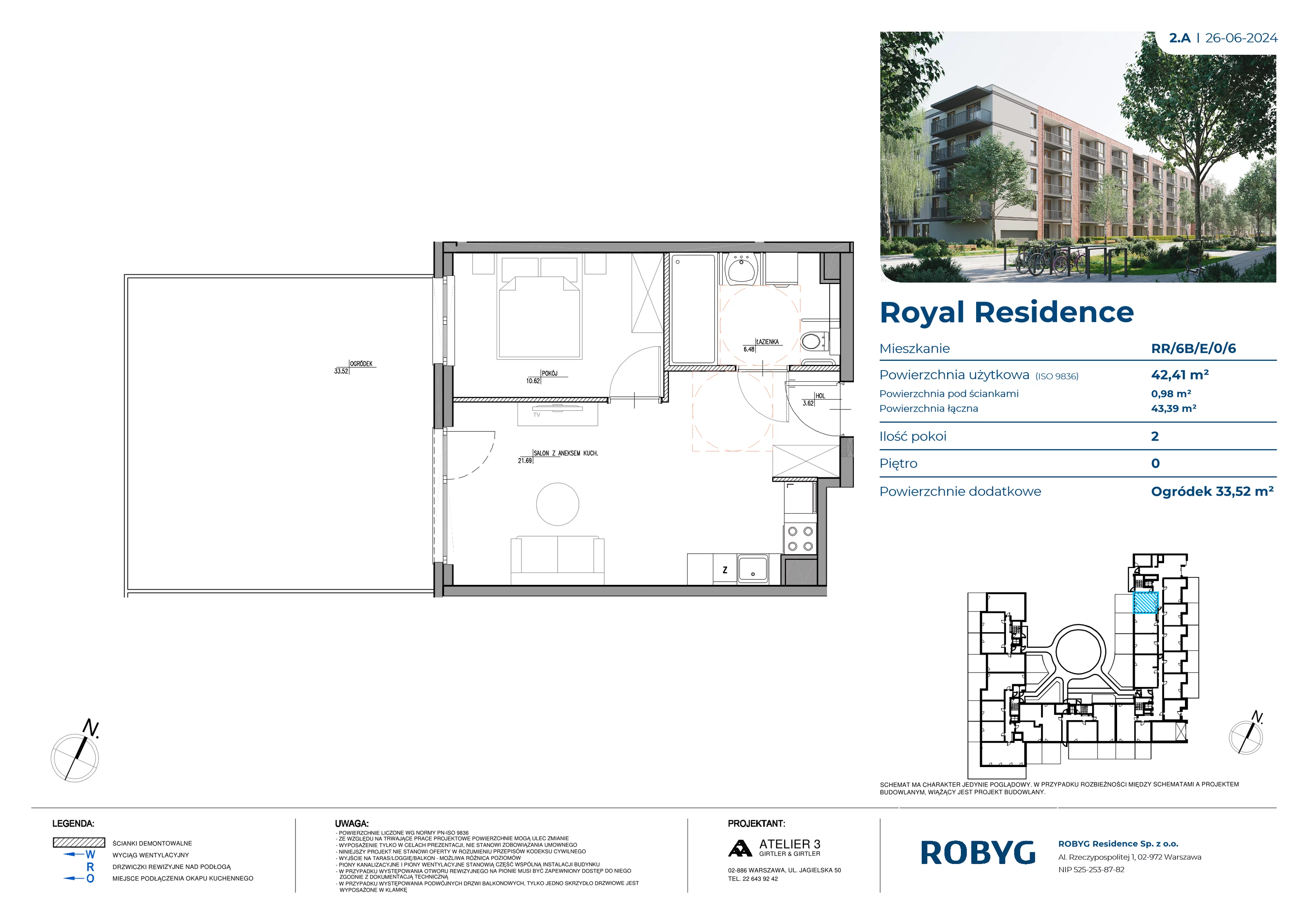 2 pokoje, mieszkanie 42,41 m², parter, oferta nr RR/6B/E/0/6, Royal Residence 6B, Warszawa, Wilanów, Błonia Wilanowskie, ul. Sarmacka