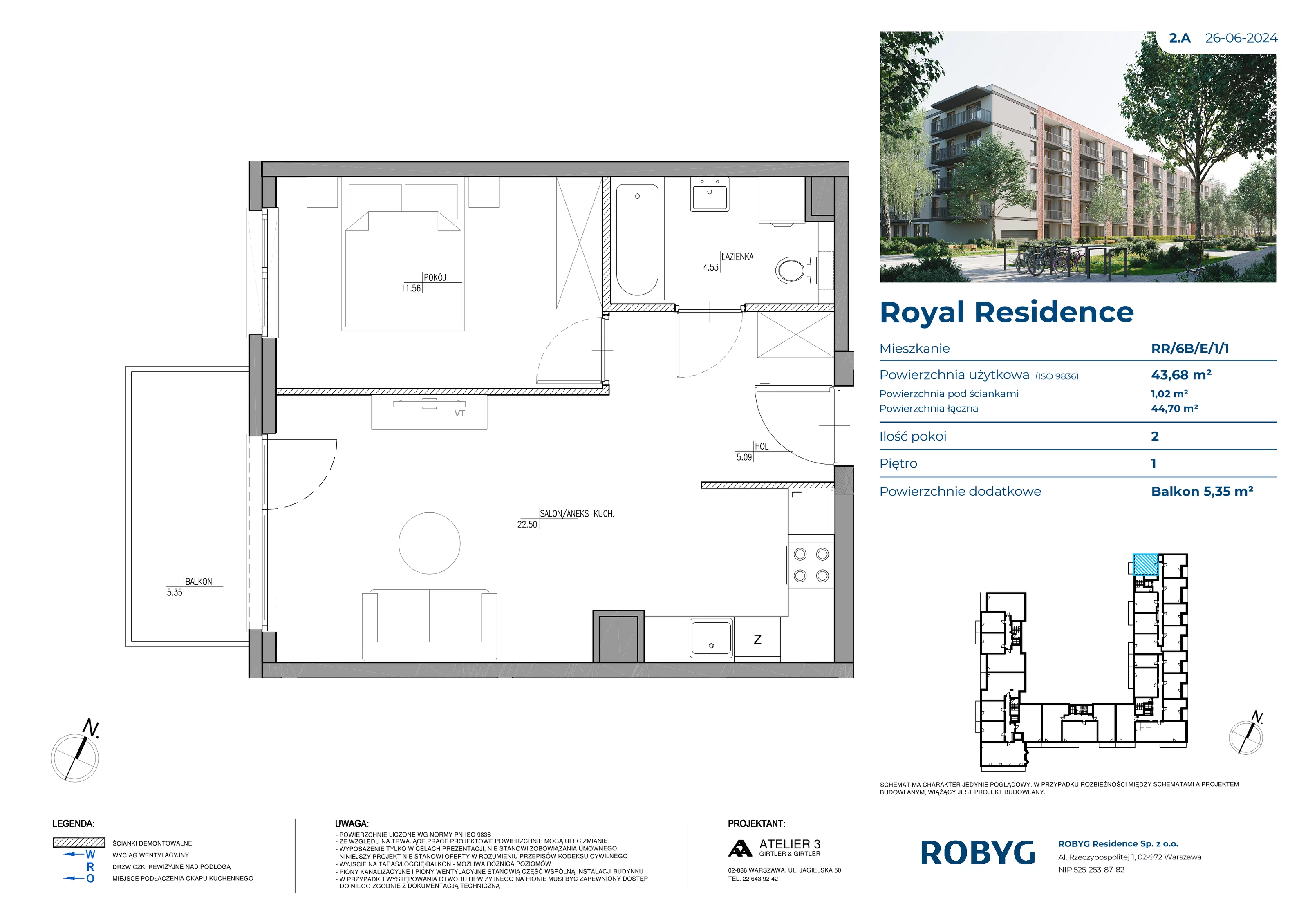 Mieszkanie 43,68 m², piętro 1, oferta nr RR/6B/E/1/1, Royal Residence 6B, Warszawa, Wilanów, Błonia Wilanowskie, ul. Sarmacka