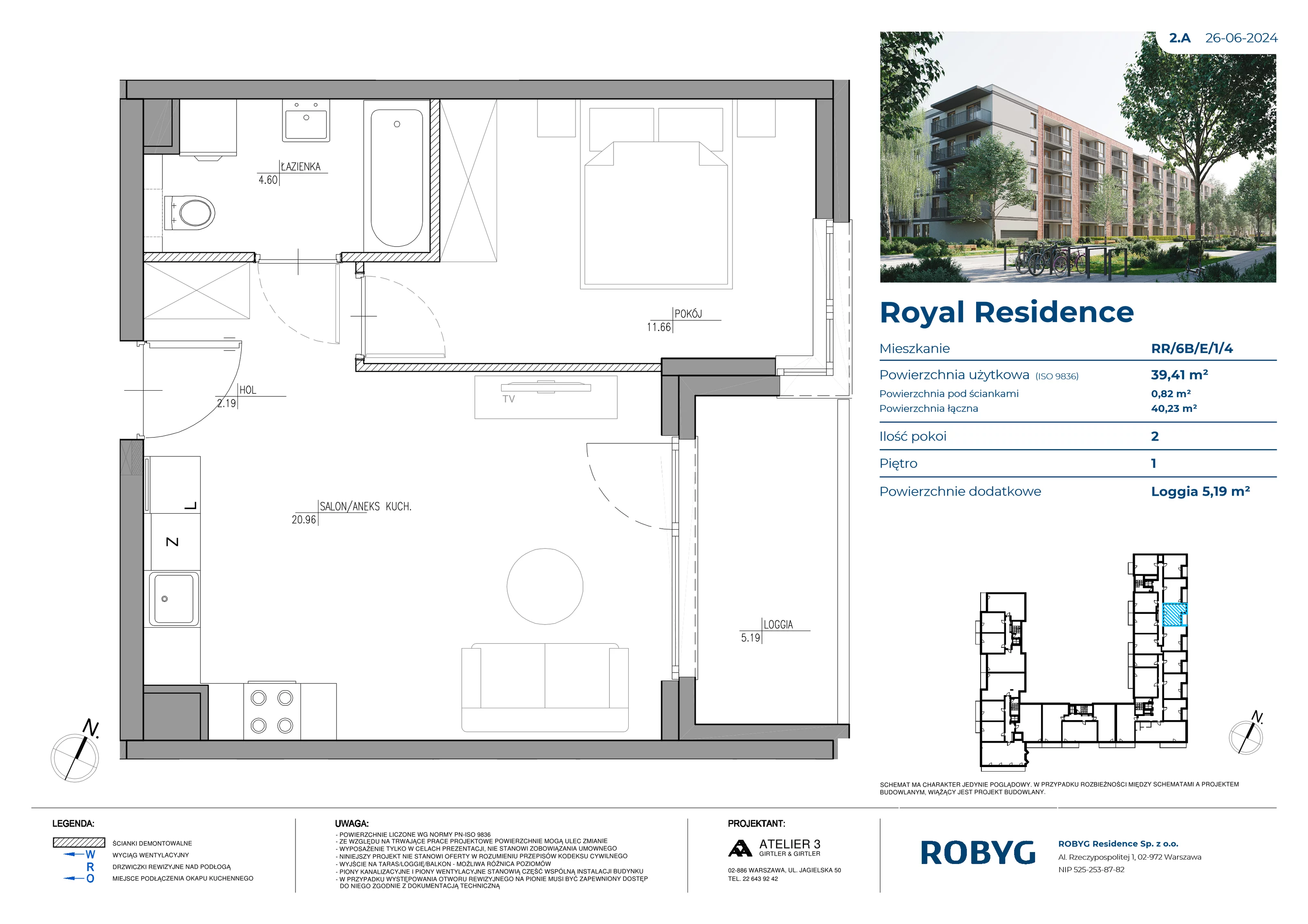 Mieszkanie 39,41 m², piętro 1, oferta nr RR/6B/E/1/4, Royal Residence 6B, Warszawa, Wilanów, Błonia Wilanowskie, ul. Sarmacka