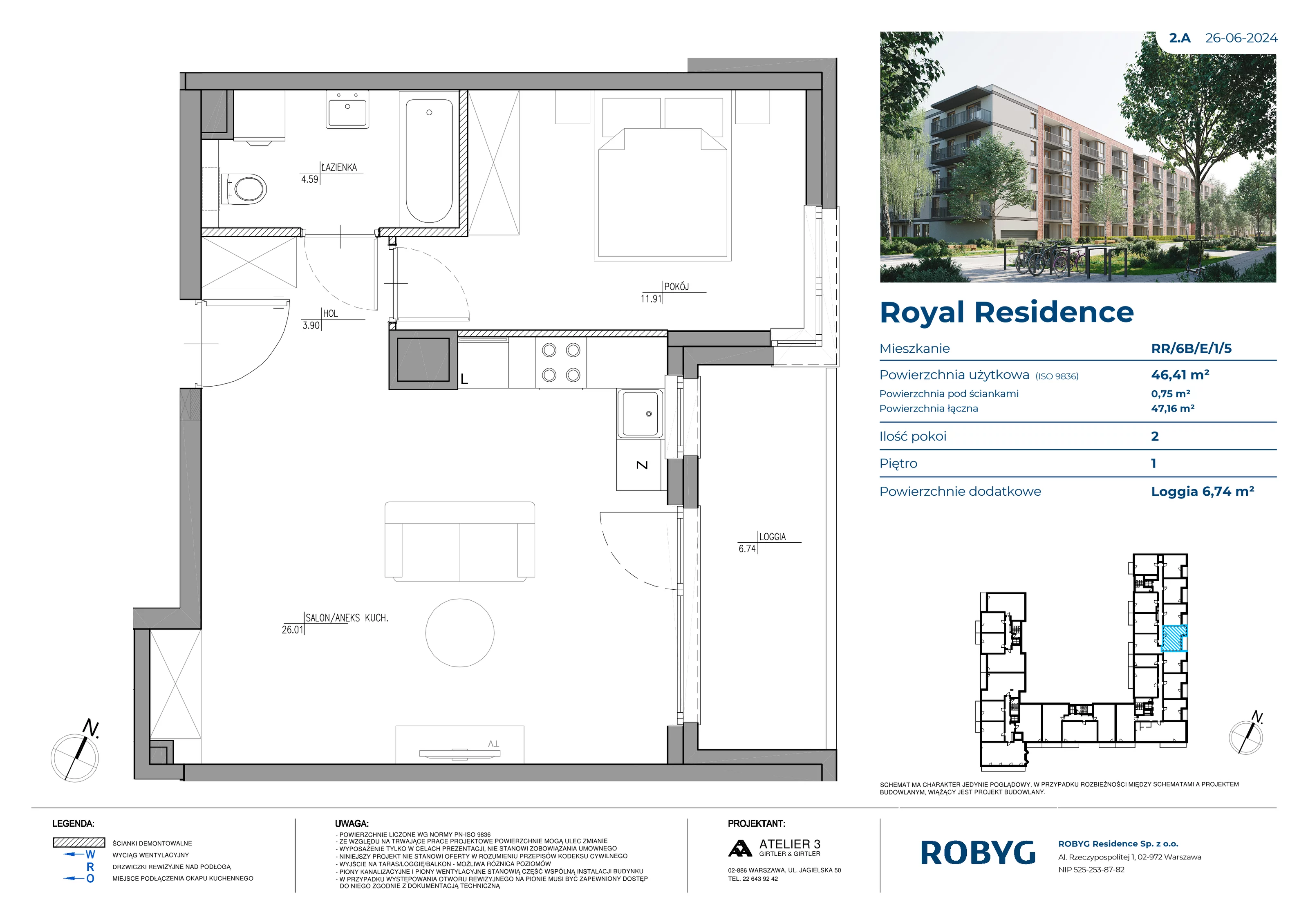 2 pokoje, mieszkanie 46,48 m², piętro 1, oferta nr RR/6B/E/1/5, Royal Residence 6B, Warszawa, Wilanów, Błonia Wilanowskie, ul. Sarmacka